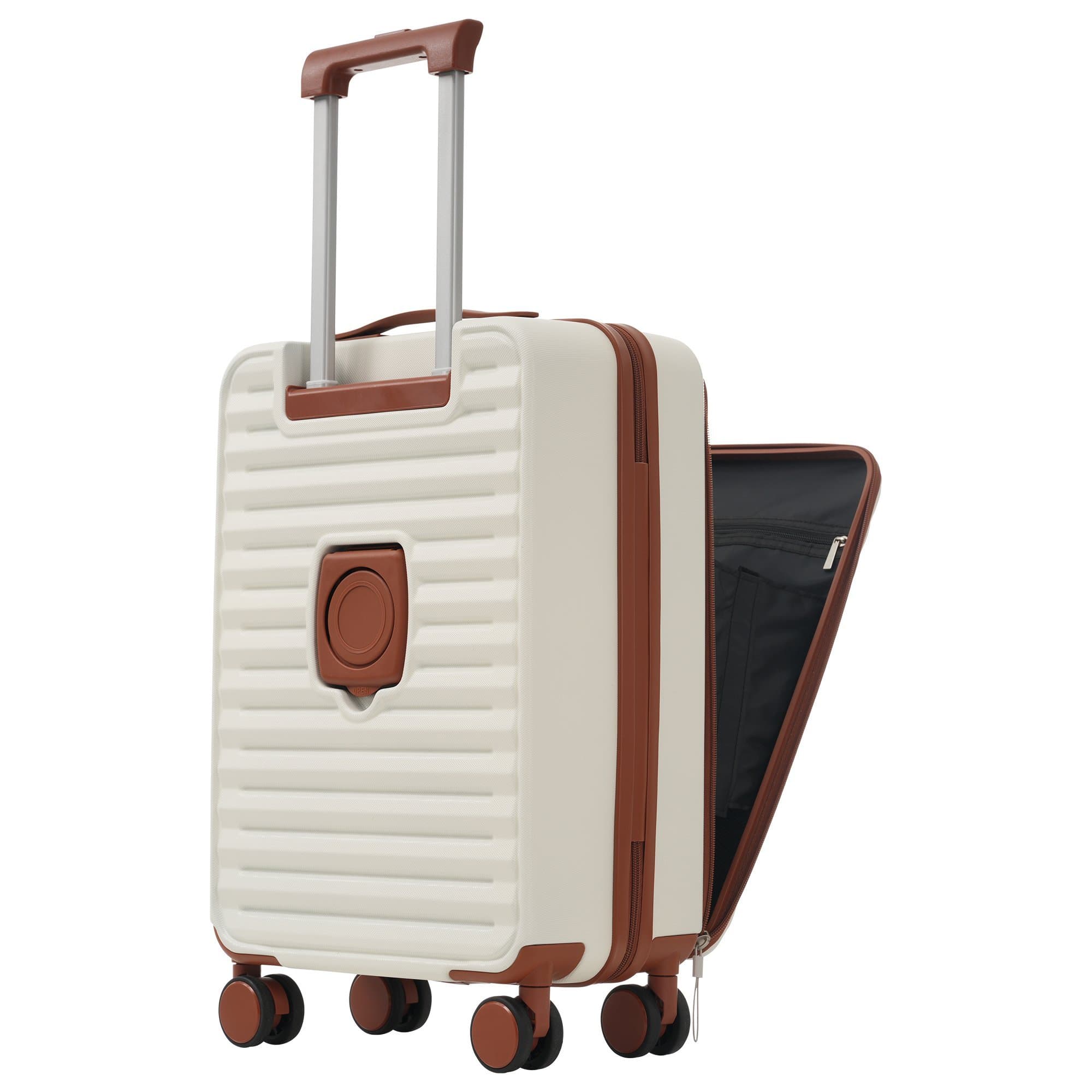 Two-piece suitcase Innovative design with front opening + foldable drink holders
