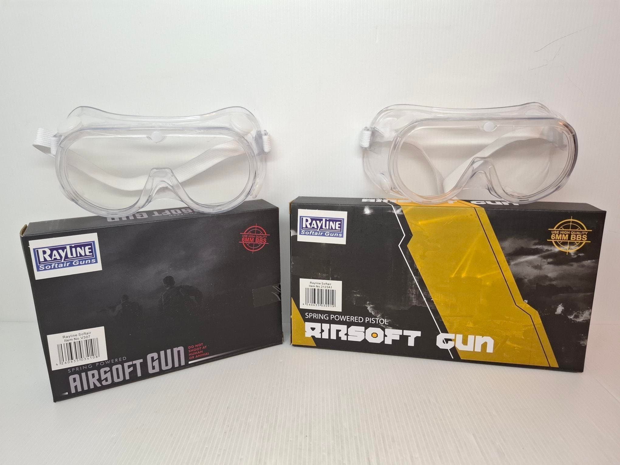 Två Airsoftpistoler från Rayline – Fjäderdrivna +Två Skyddsglasögon, Plast, nya