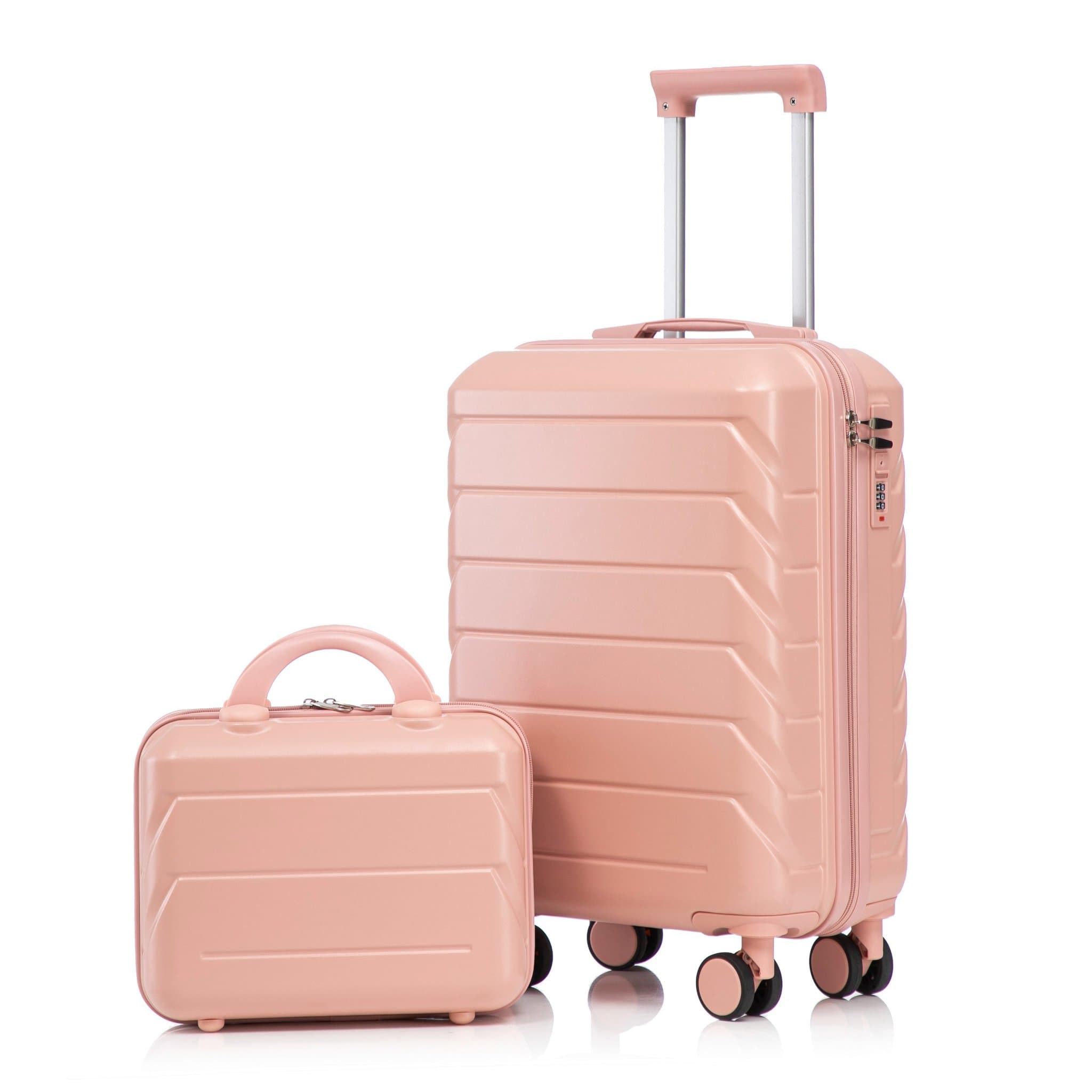 14"/20" 2-Piece Spinner Suitcases with Combination Lock and 14 Makeup Bag (Pink)