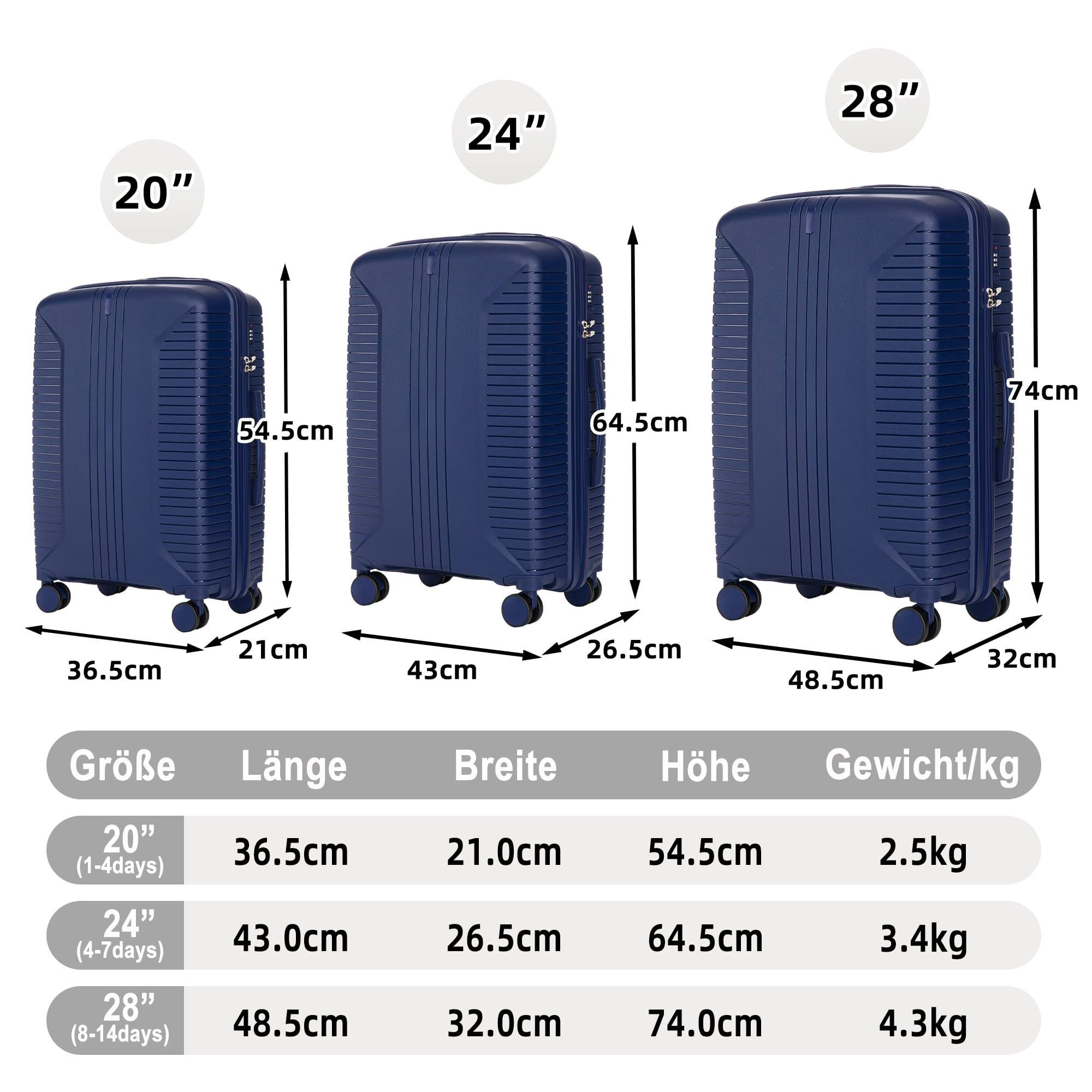 20"/24"/28" 3-piece spinner suitcase set 3 sizes with side handles