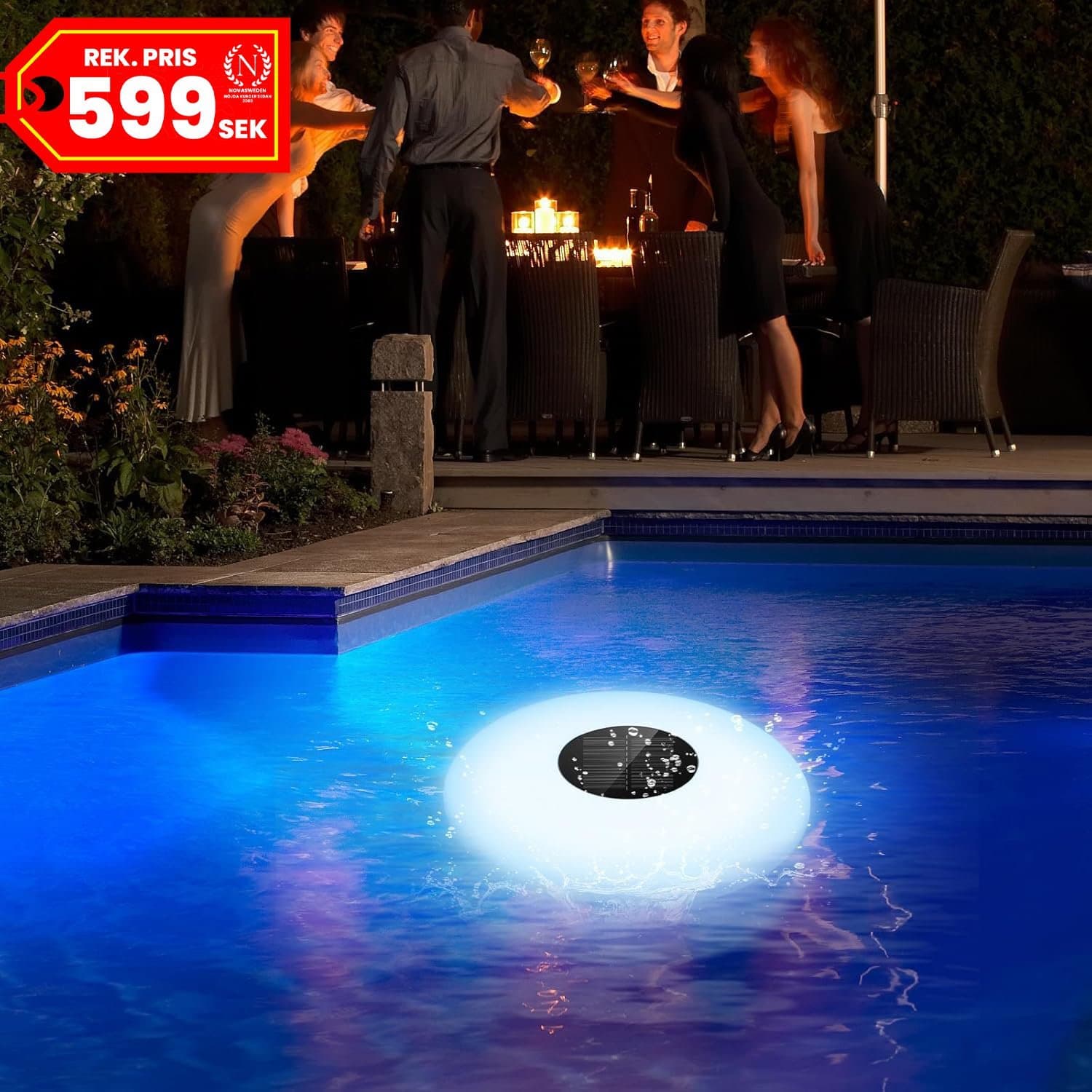 Solcells LED Flytande Poolbelysning • Fjärrkontroll •16 färgers RGB • IP68 •