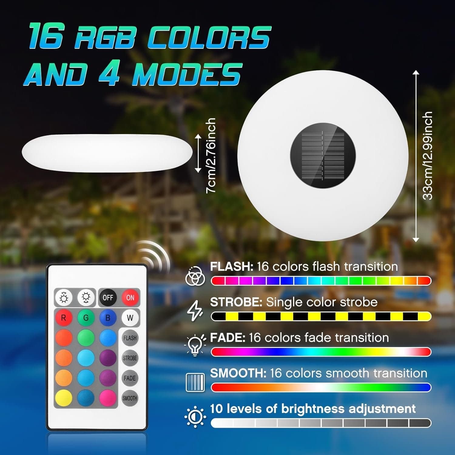 Solcells LED Flytande Poolbelysning • Fjärrkontroll •16 färgers RGB • IP68 •