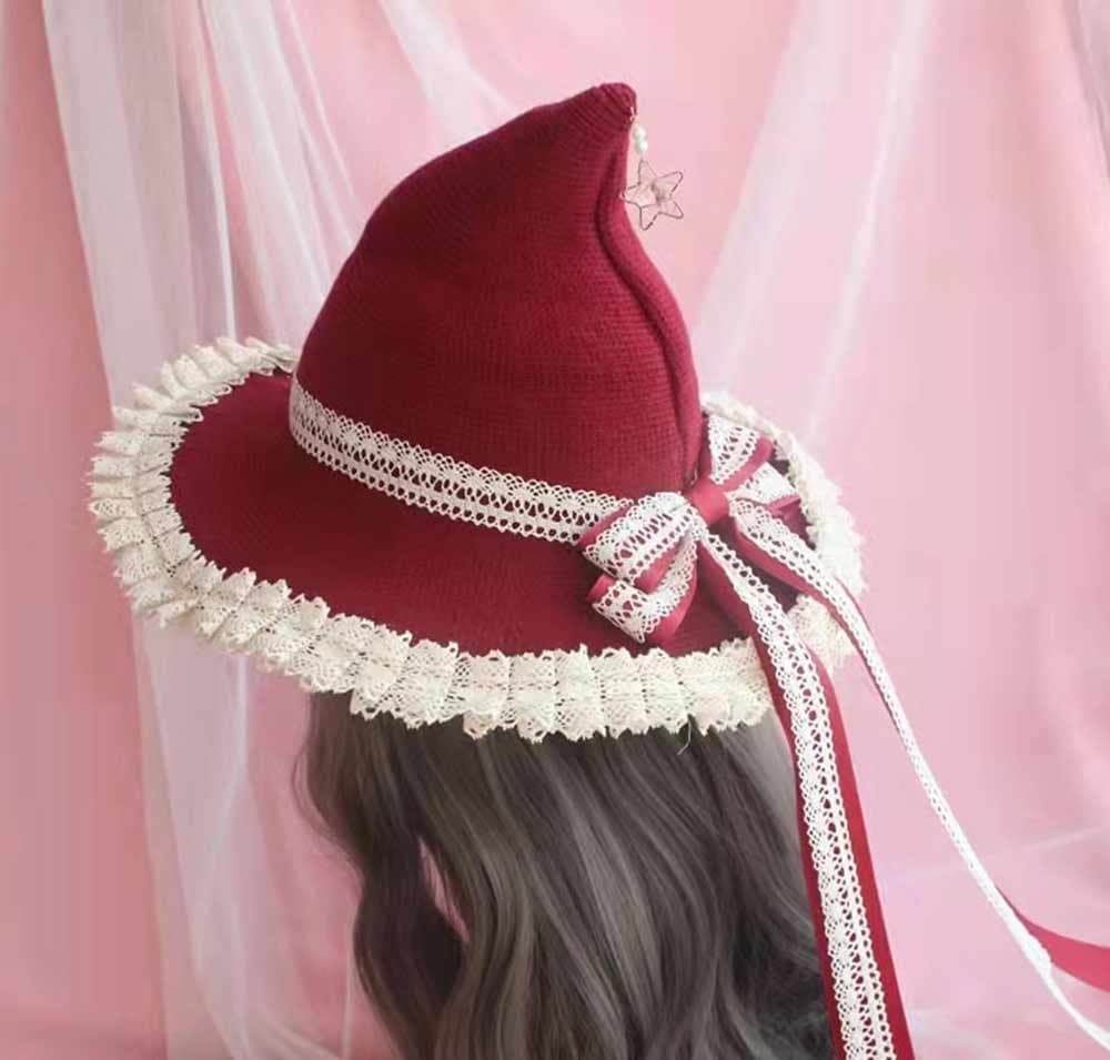 Handgjord julhäxhatt med band, ullblandad trollkarlhatt, häxigt klädsel