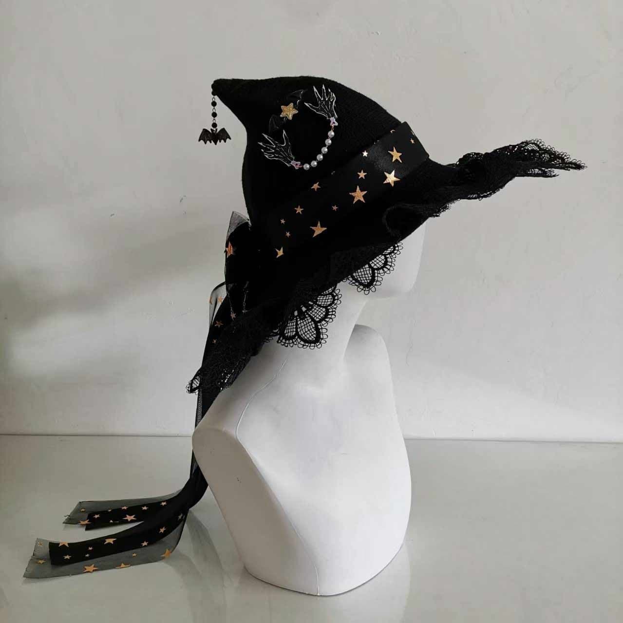 Handgjord svart ullblandning häxhatt med rosett. Virkad Halloween trollkarlshatt, 58cm