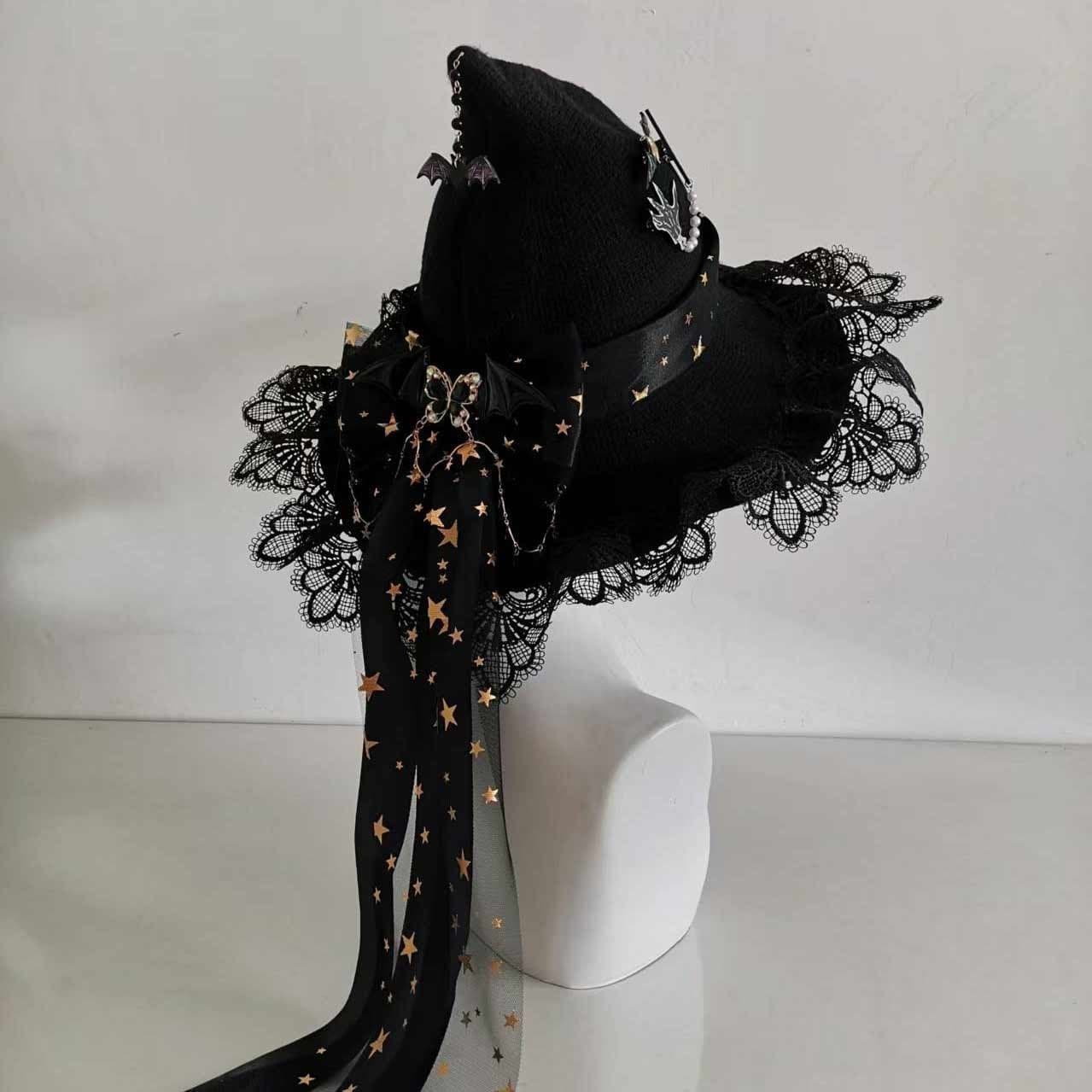 Handgjord svart ullblandning häxhatt med rosett. Virkad Halloween trollkarlshatt, 58cm