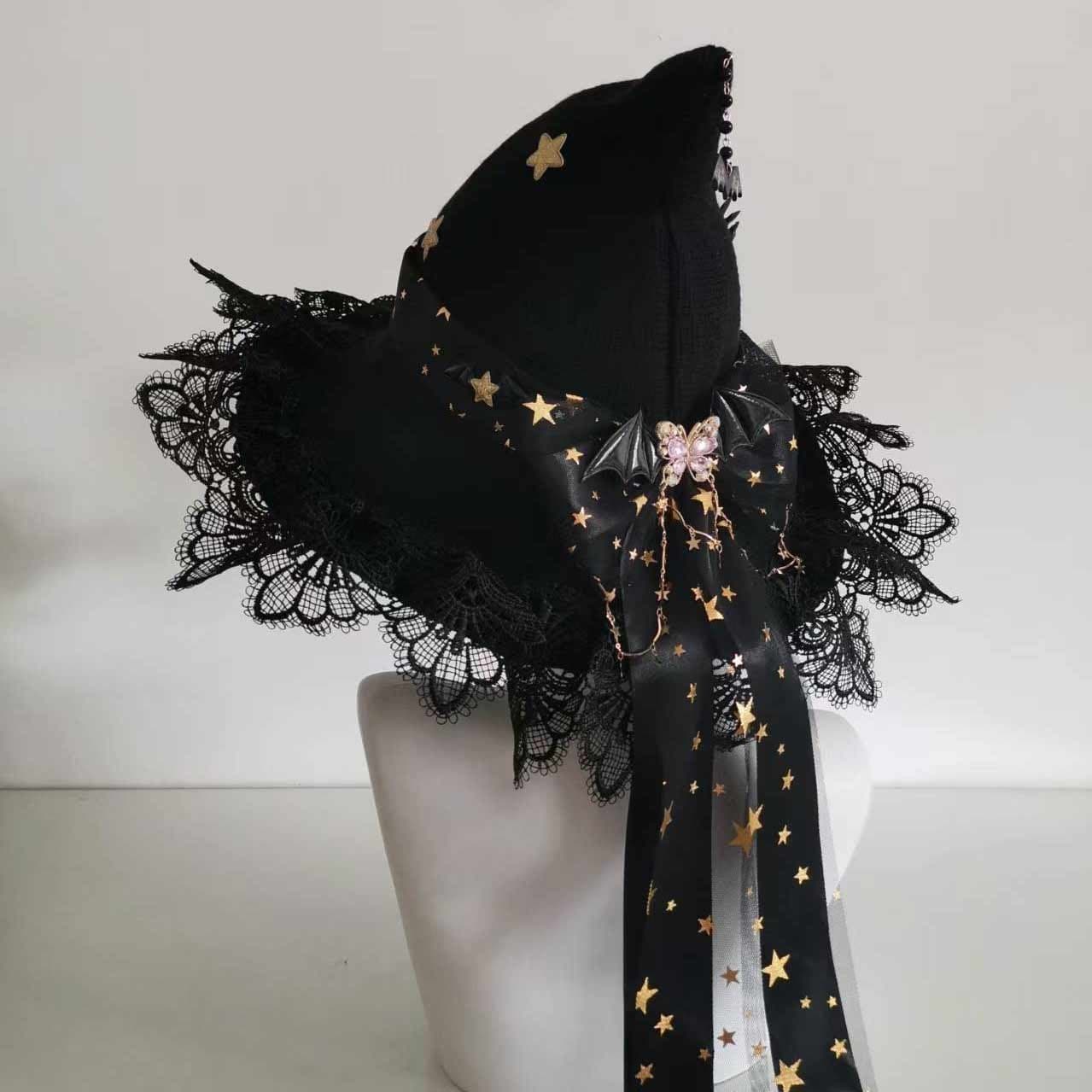 Handgjord svart ullblandning häxhatt med rosett. Virkad Halloween trollkarlshatt, 58cm