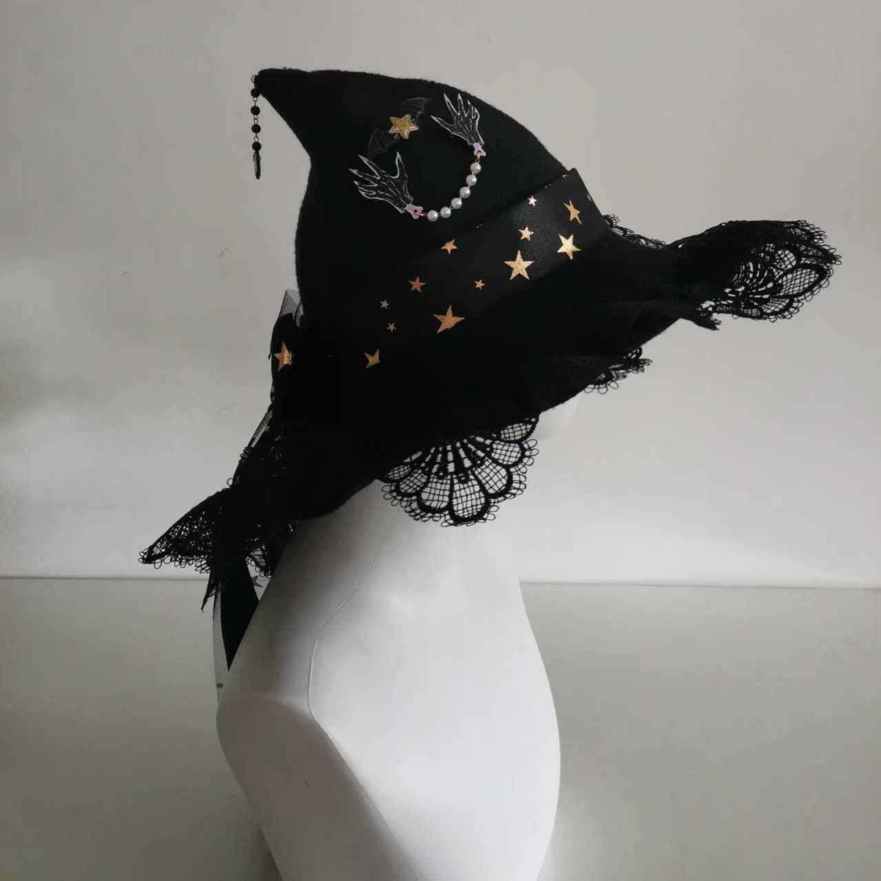 Handgjord svart ullblandning häxhatt med rosett. Virkad Halloween trollkarlshatt, 58cm