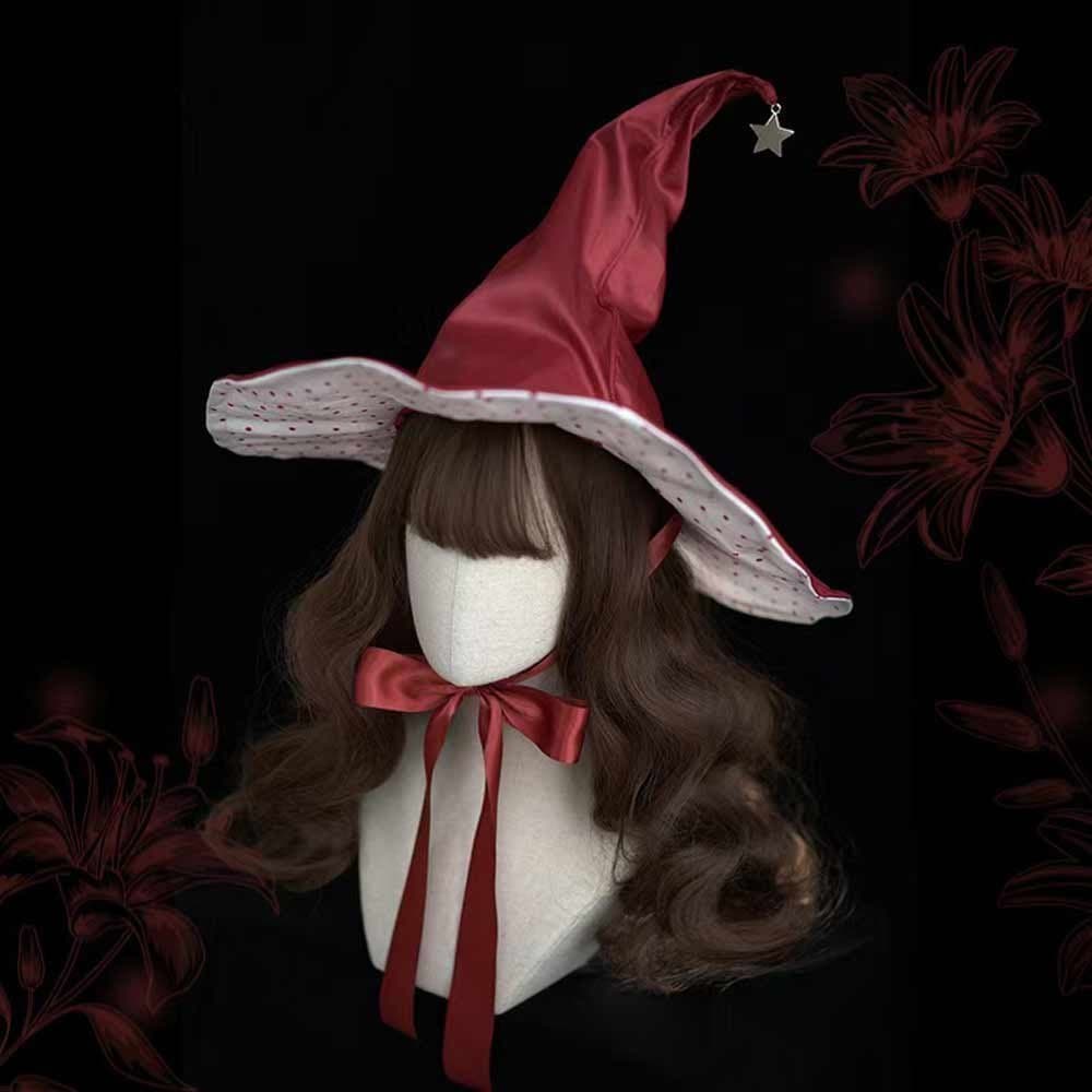 Röd med vit häxhatt med stjärna, bredbrättad Halloween-kostymtrollkarlhatt