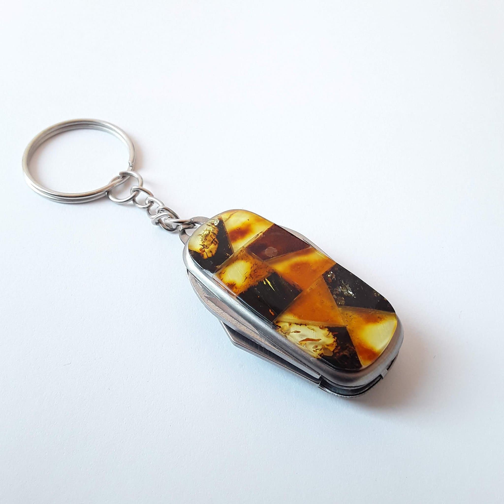 Baltiskt bärnstensnyckelband i rostfritt stål och ädelsten bärnstensmosaik nyckelring