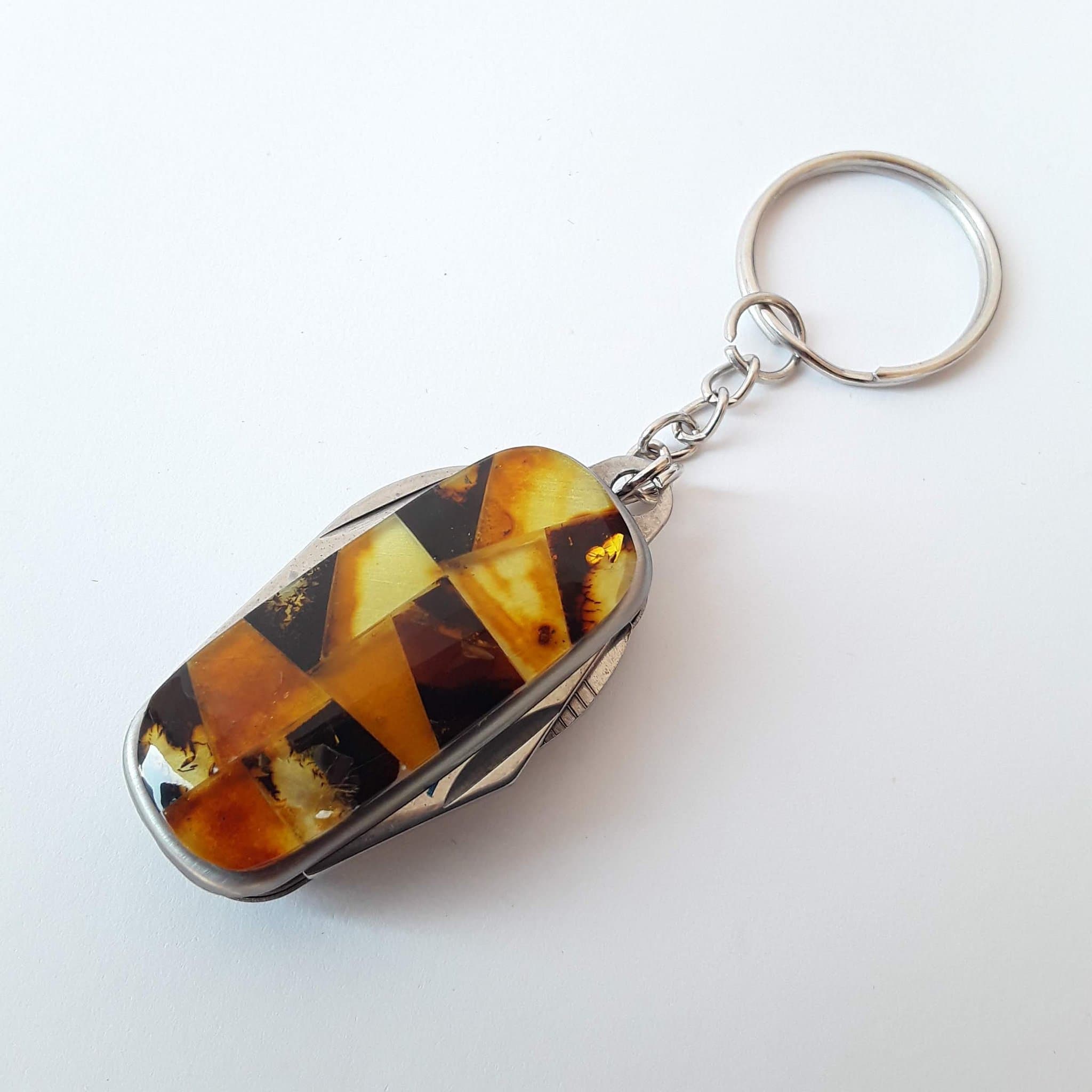 Baltiskt bärnstensnyckelband i rostfritt stål och ädelsten bärnstensmosaik nyckelring