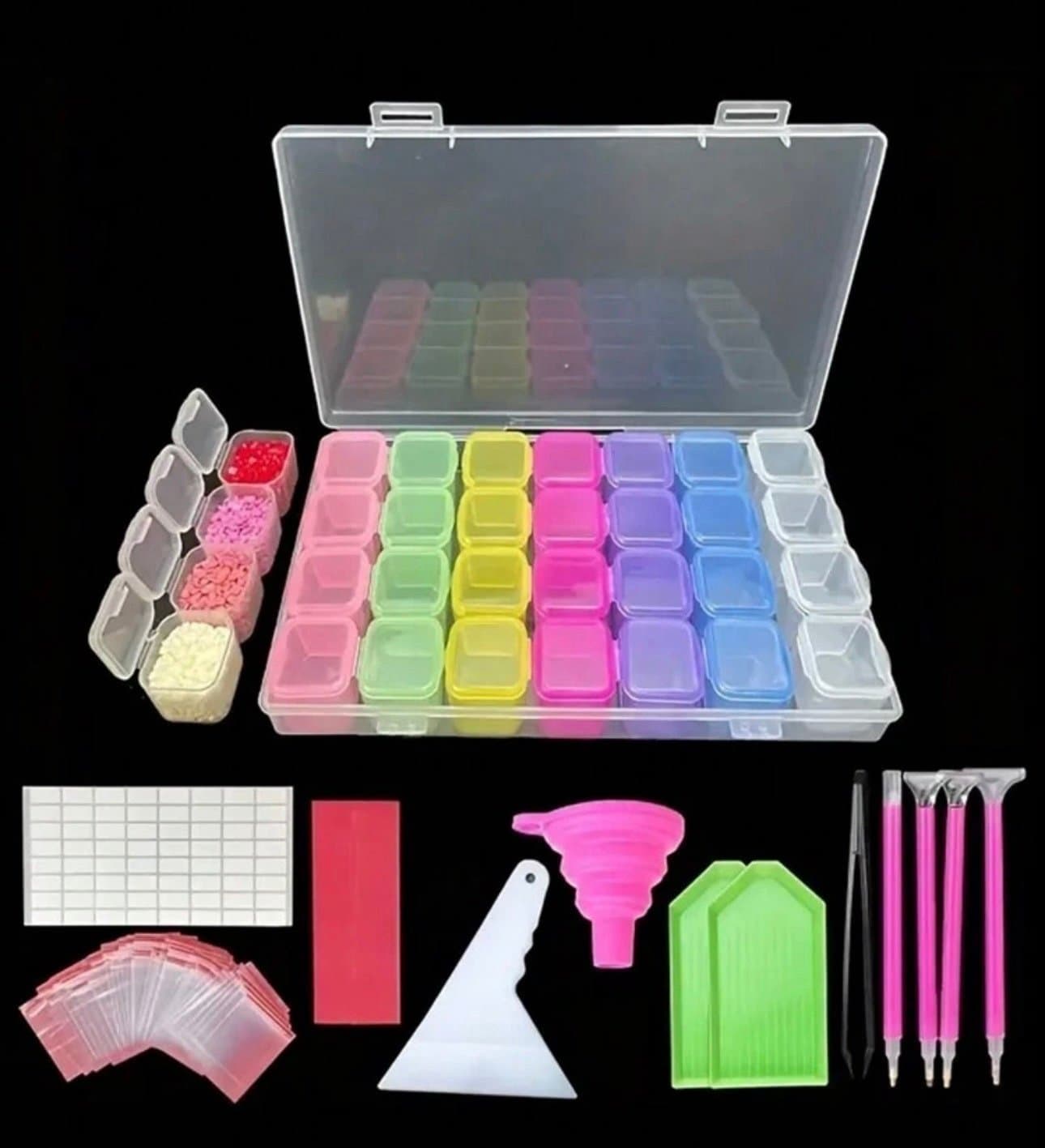 Låda med 28 fack och tillbehör för pärlor / Diamond Painting