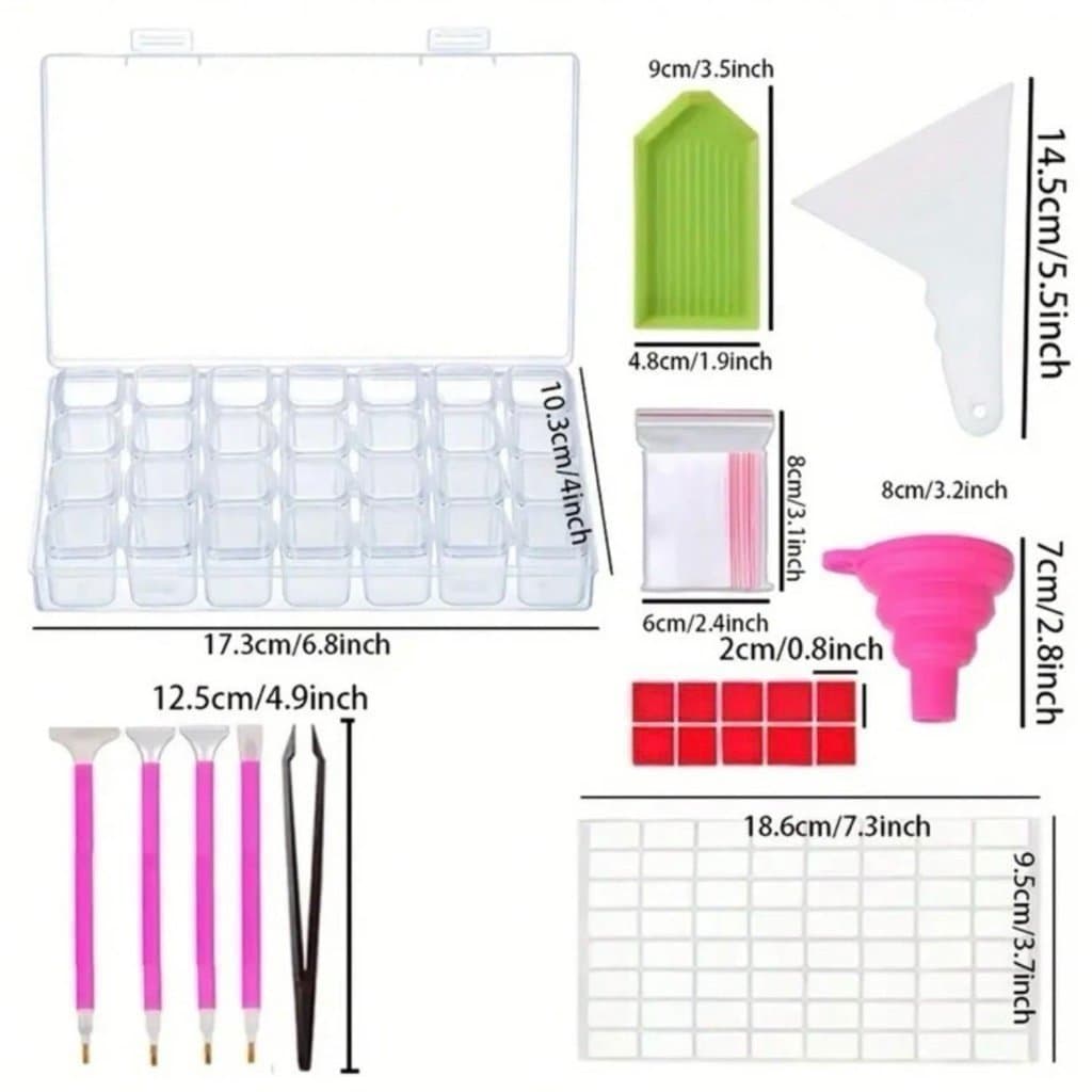 Låda med 28 fack och tillbehör för pärlor / Diamond Painting