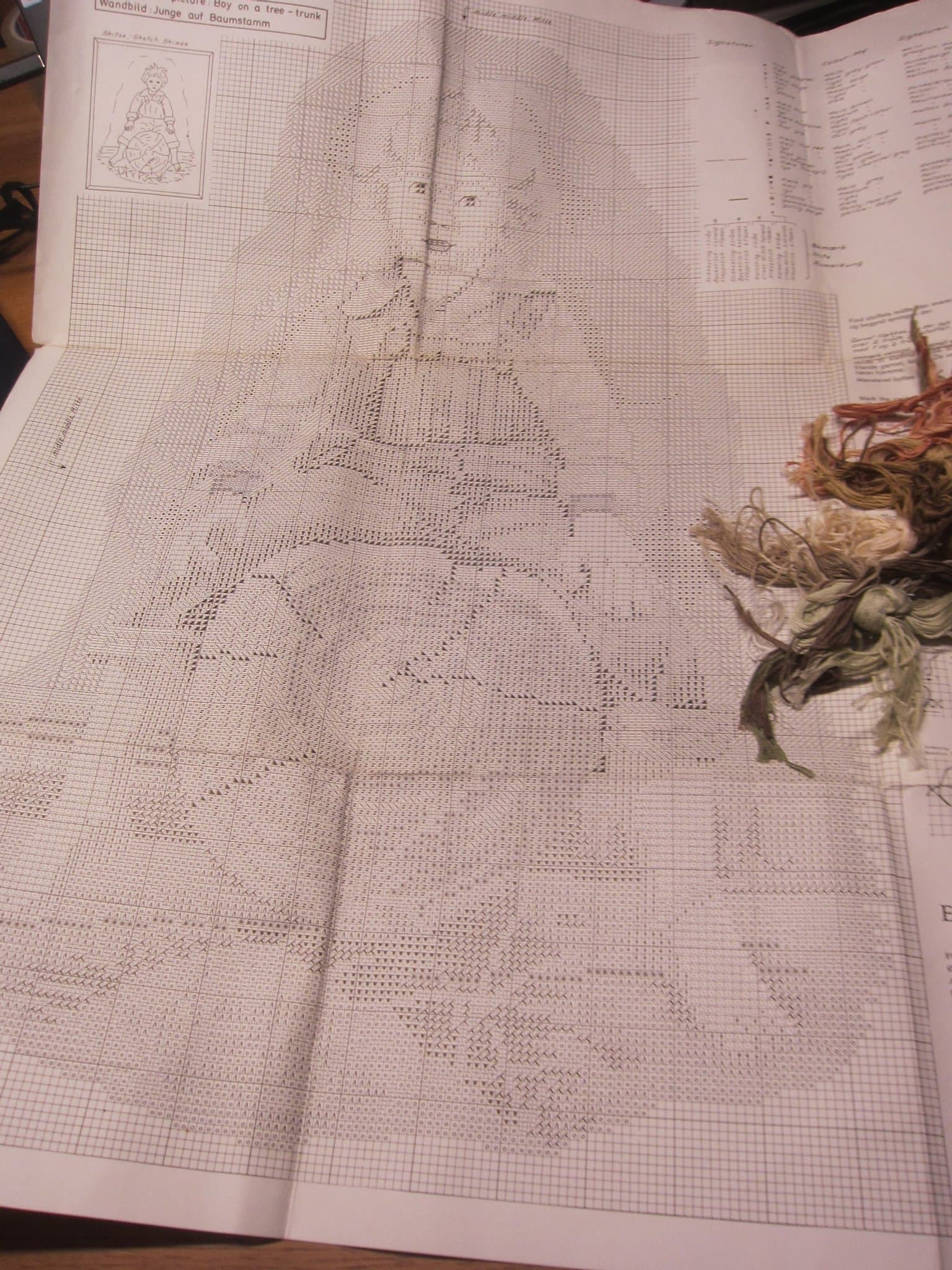 Broderimönster med pojke på stock från Eva Rosenstrand / Clara Wäver - påbörjad