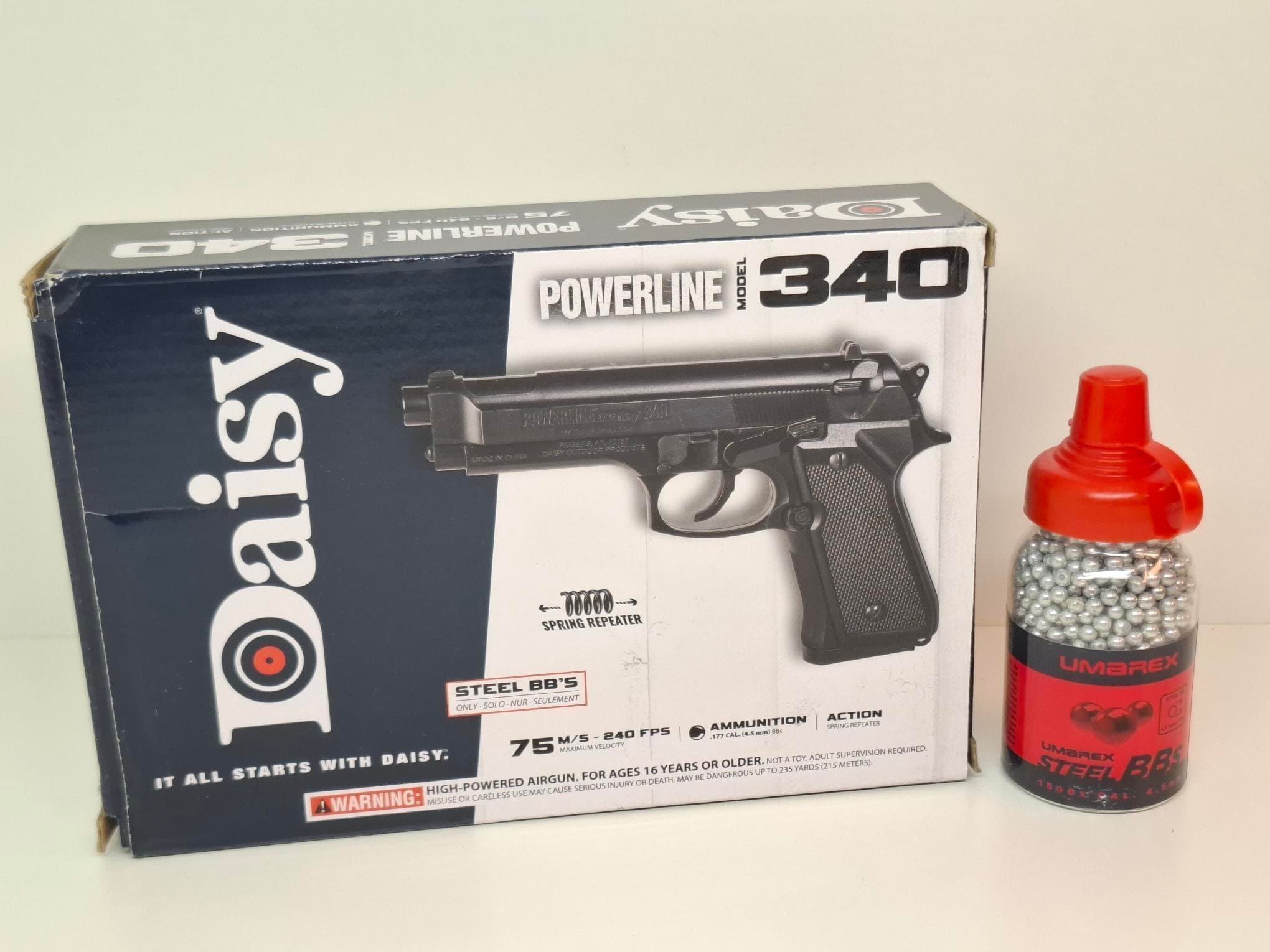 Daisy Powerline 340 luftpistol 4,5 mm (.177) BBs Plus en burkstålrundkulor, ny
