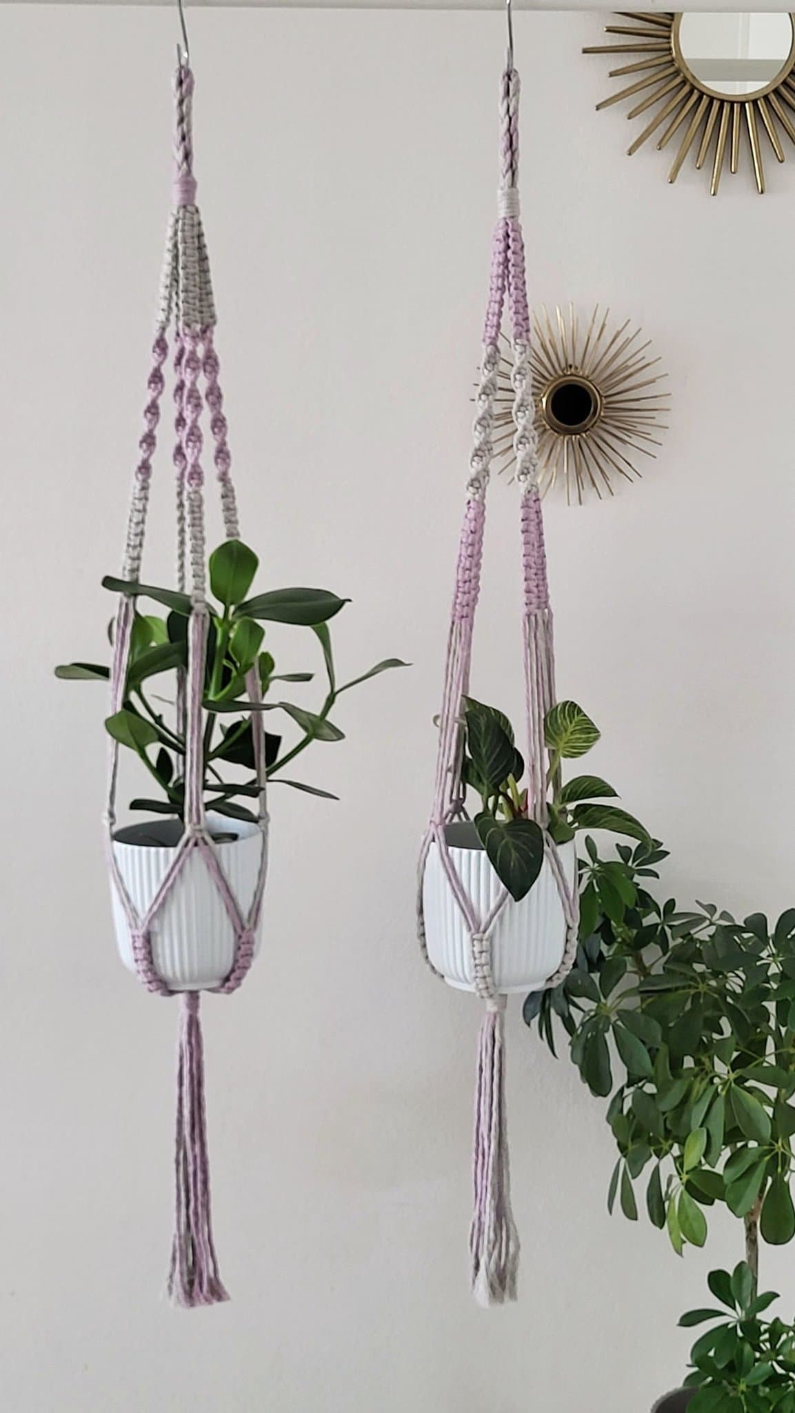 2 st handknutna makraméamplar – set i lila & grå