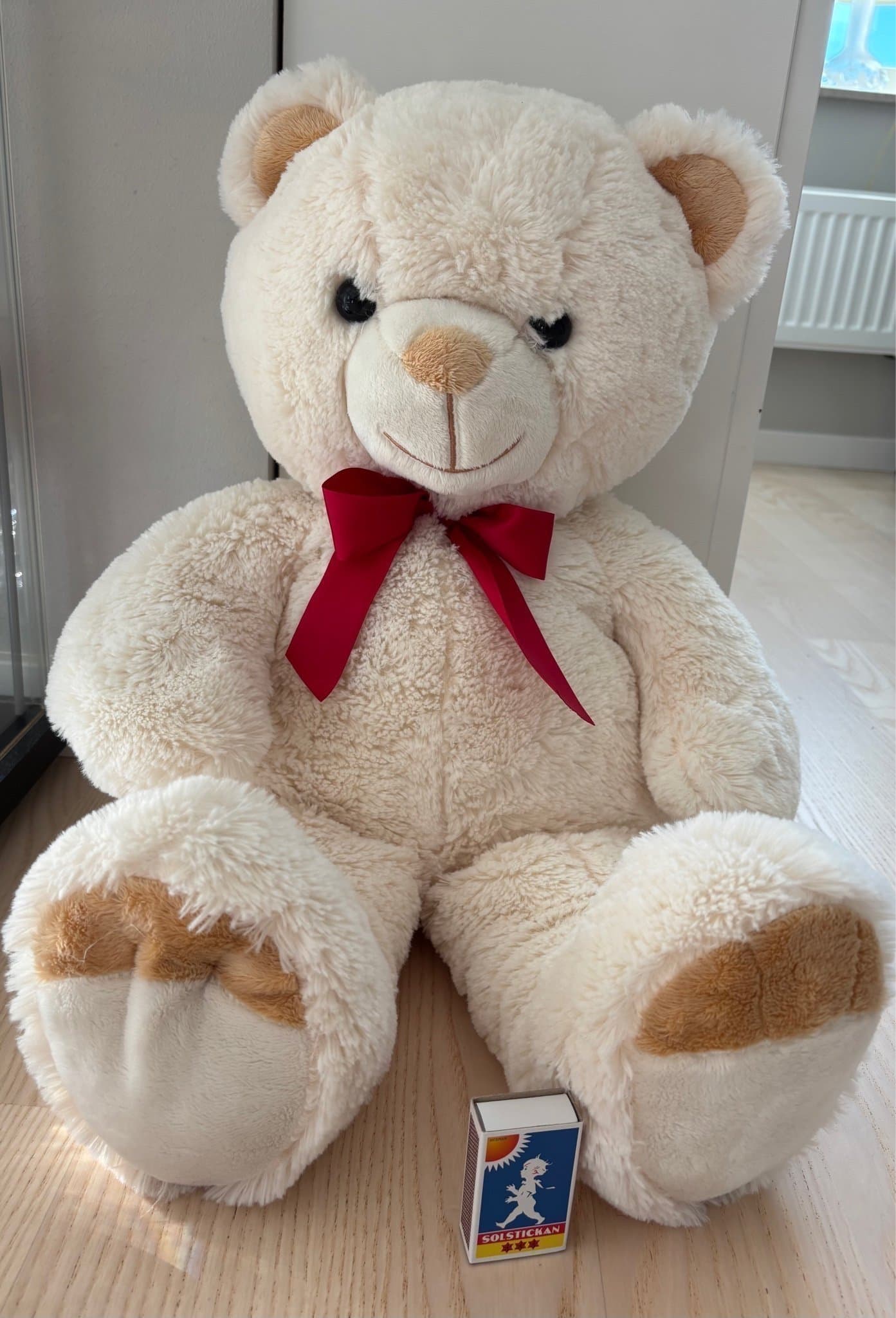 En söt vit Nalle med Röd Rosett