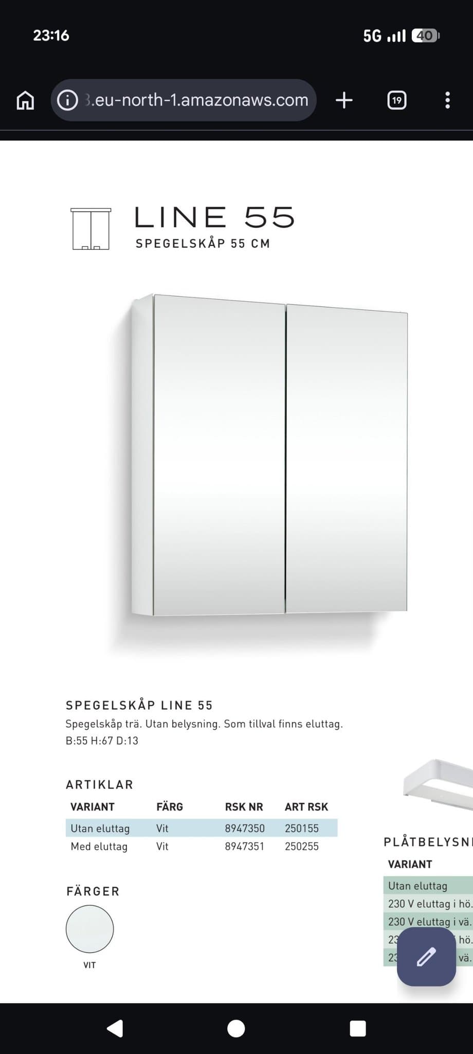 LINE 55 Svedbergs Spegelskåp 55 cm (Helt nytt)