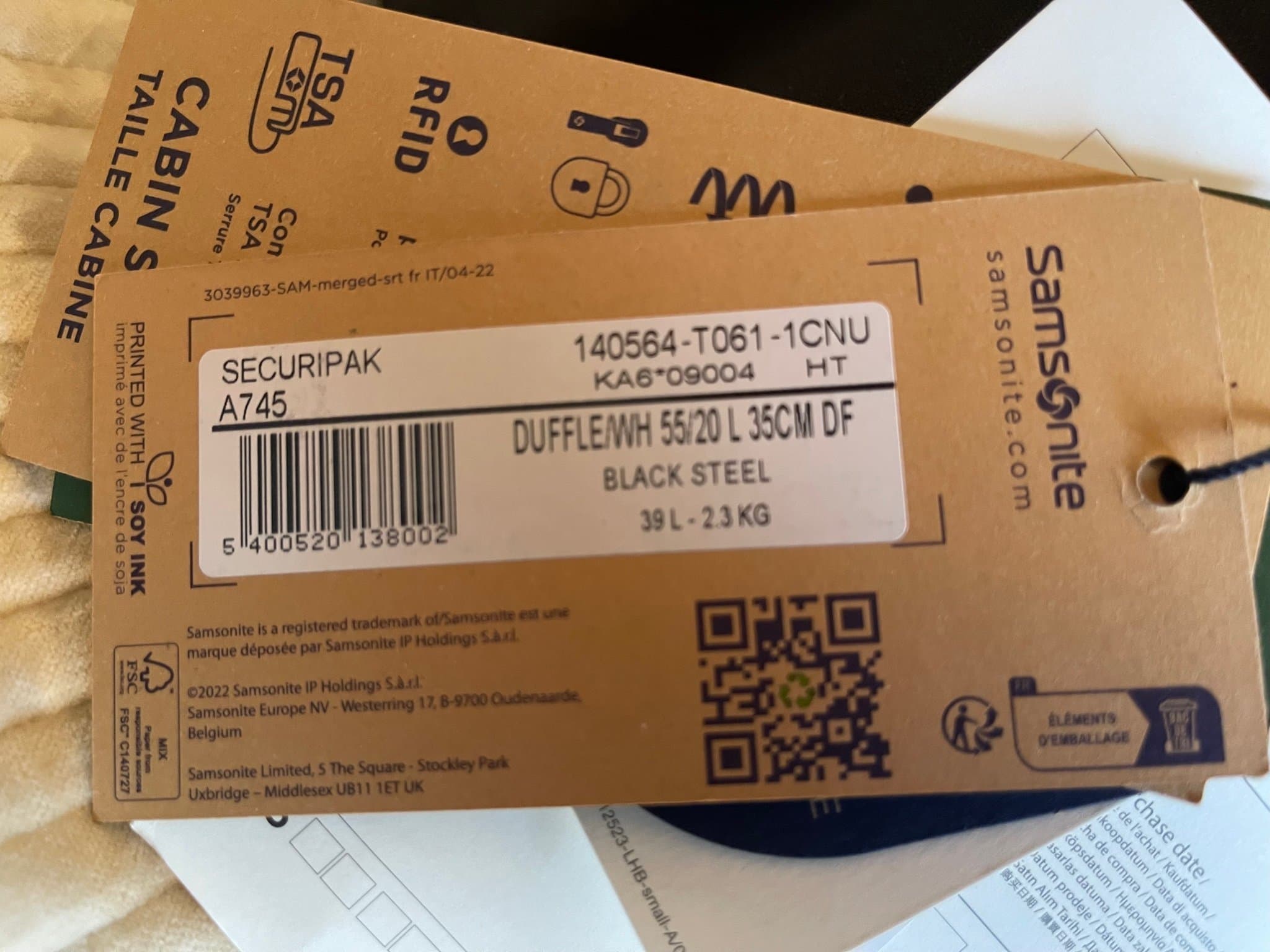 Samsonite Securipack duffel trolley kabinväska svart 39l 55x35x20cm