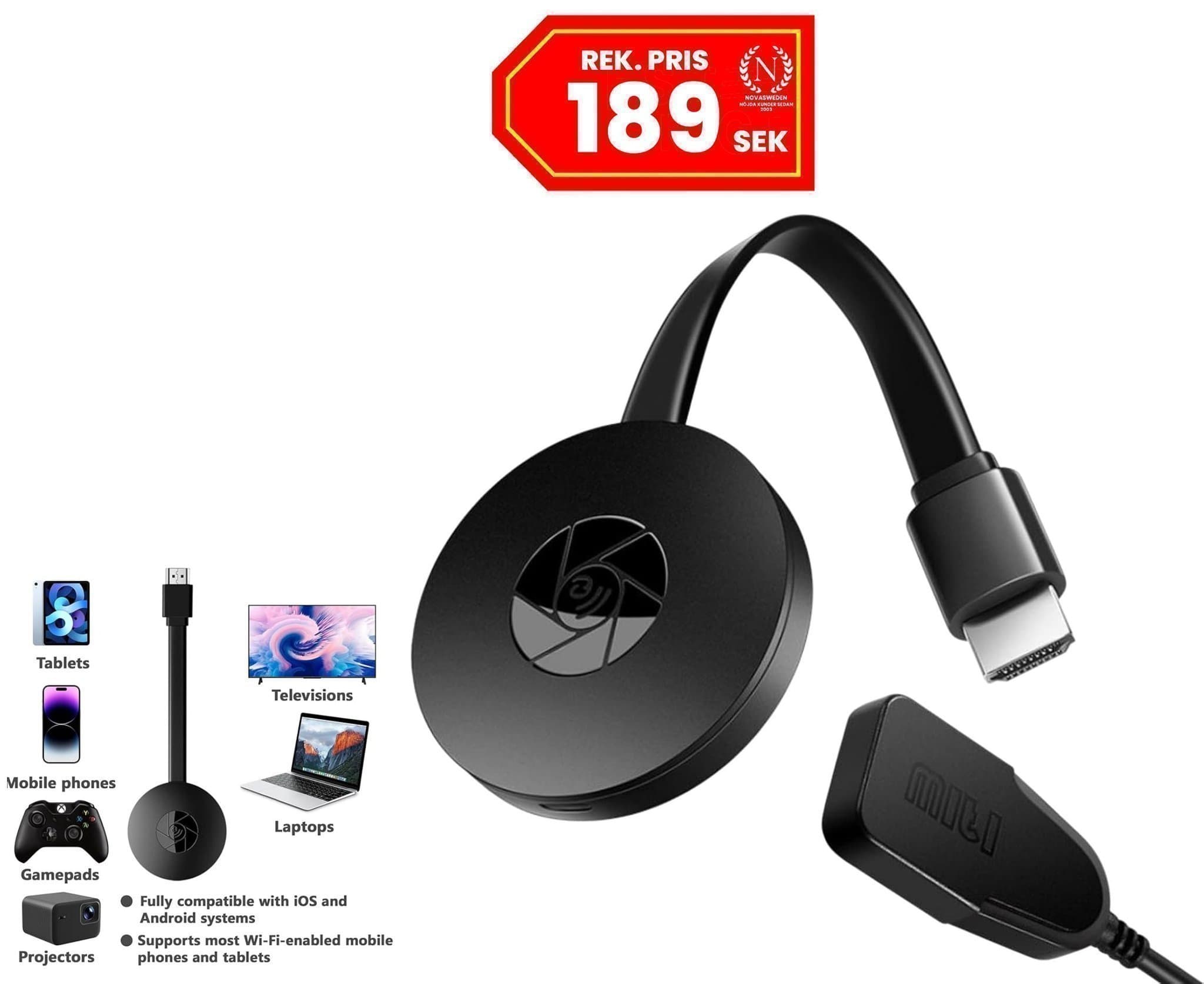 Trådlös 1080p HDMI Dongle TV för Airplay/iOS/Android • 2,4 GHz-Wifi • SV