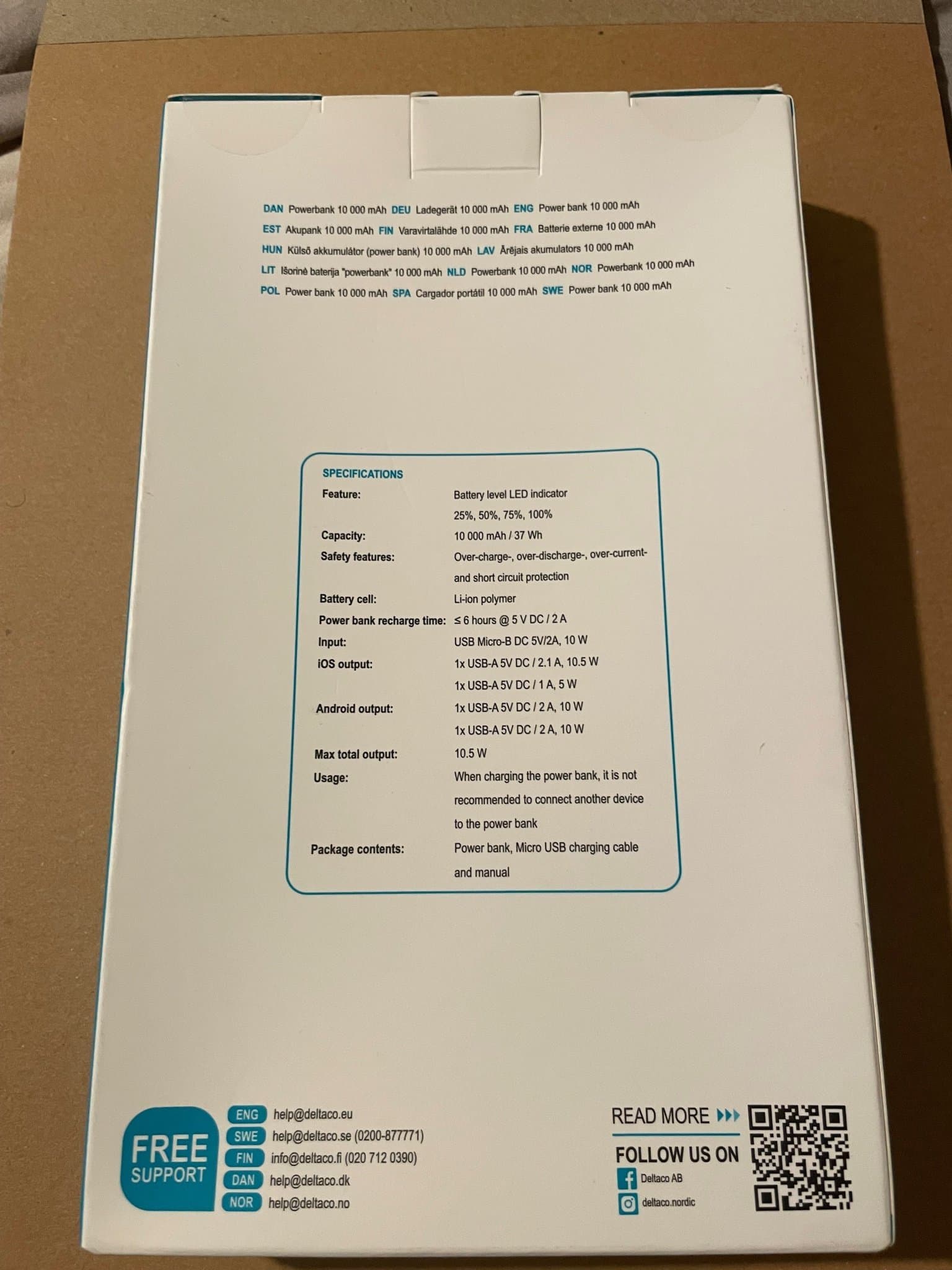 DELTACO Power Bank 10 000 mAh