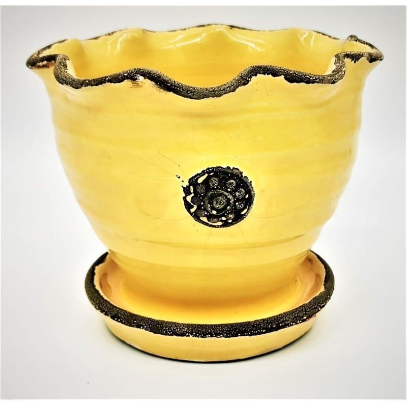 Kruka med fat, gul keramik-Handgjord-15 cm