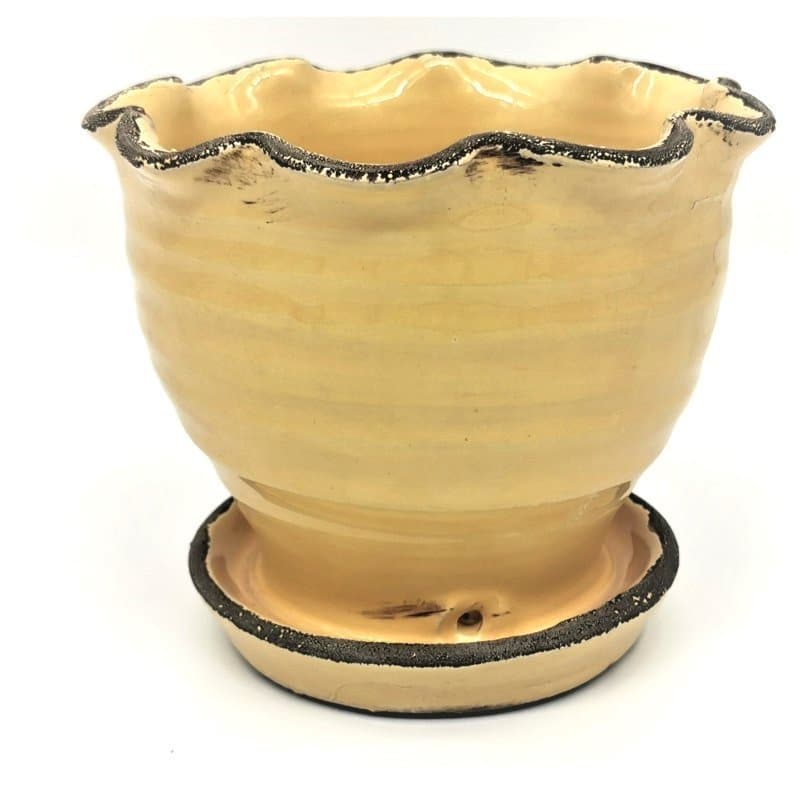 Kruka med fat, gul keramik-Handgjord-15 cm