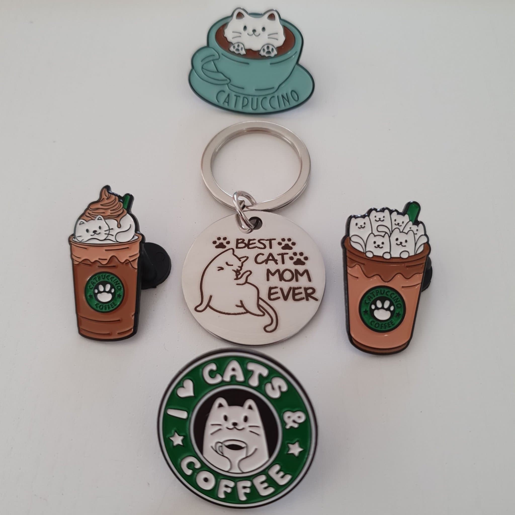 Söt katt-tema pins och nyckelring för katt-mamma