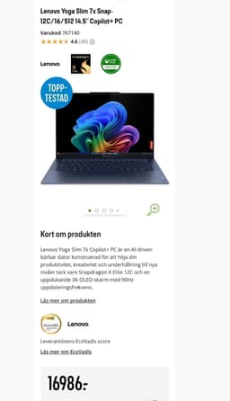 Lenovo Yoga Slim 7x Copilot+ PC Snapdragon X Elite 12C 16GB 512GB 14.5" 3K OLED