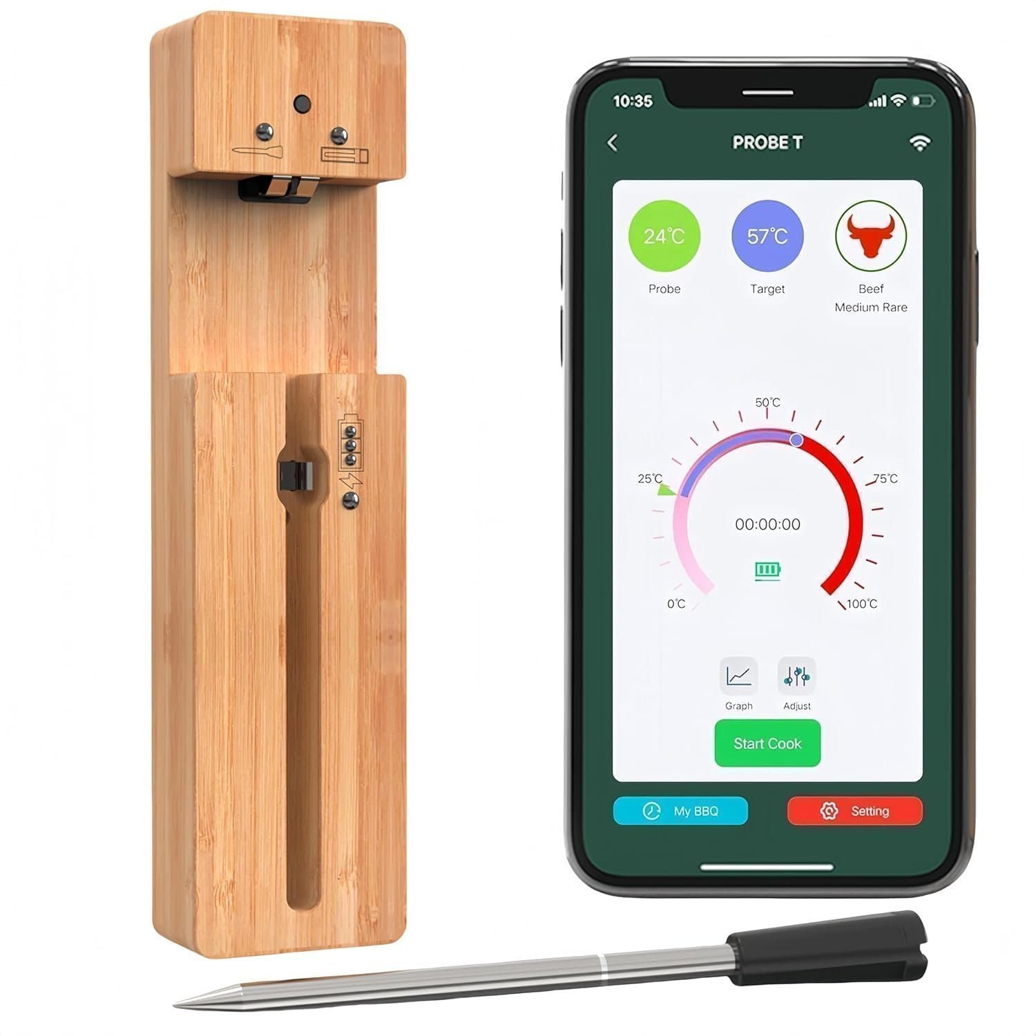 Digital Termometer för Kött med Bambuställ och Rostfri Probe – Trådlös