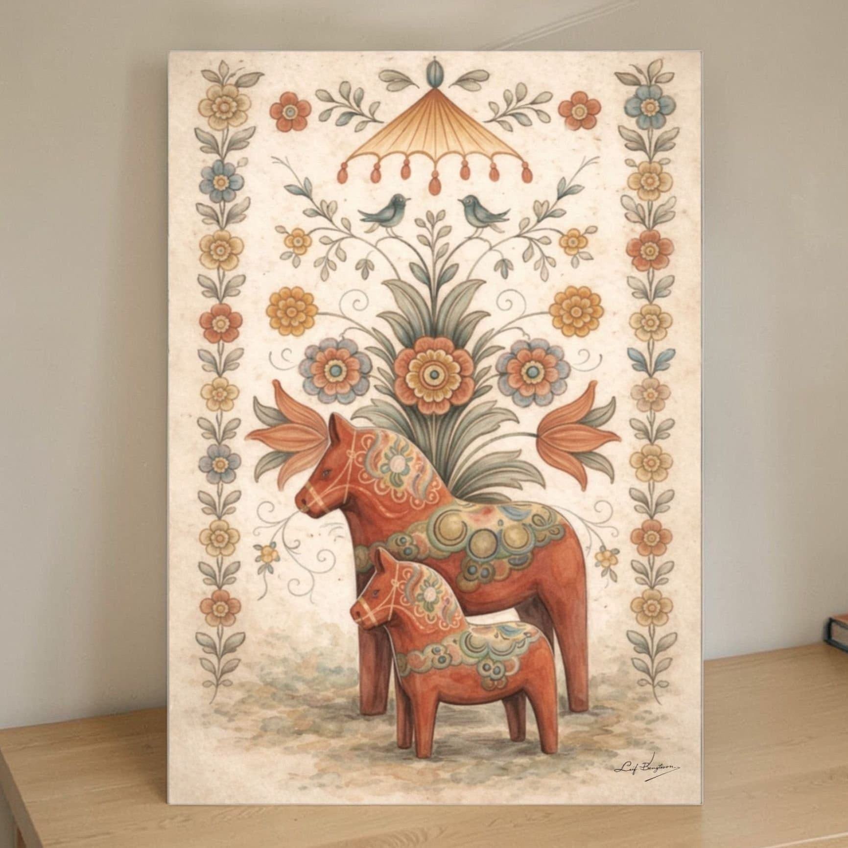 Hård tavla - Dalahästar med kurbits, Dalarna, allmoge