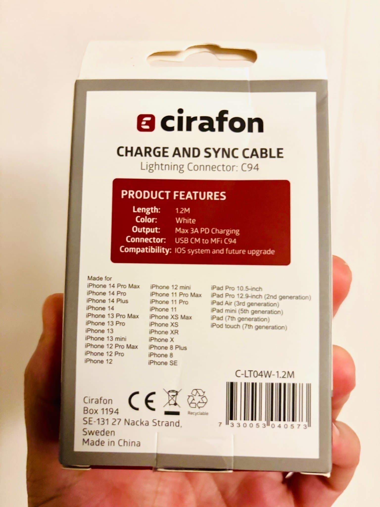 Cirafon Laddnings- och Synkroniseringskabel, laddare lightening, Iphoneladdare