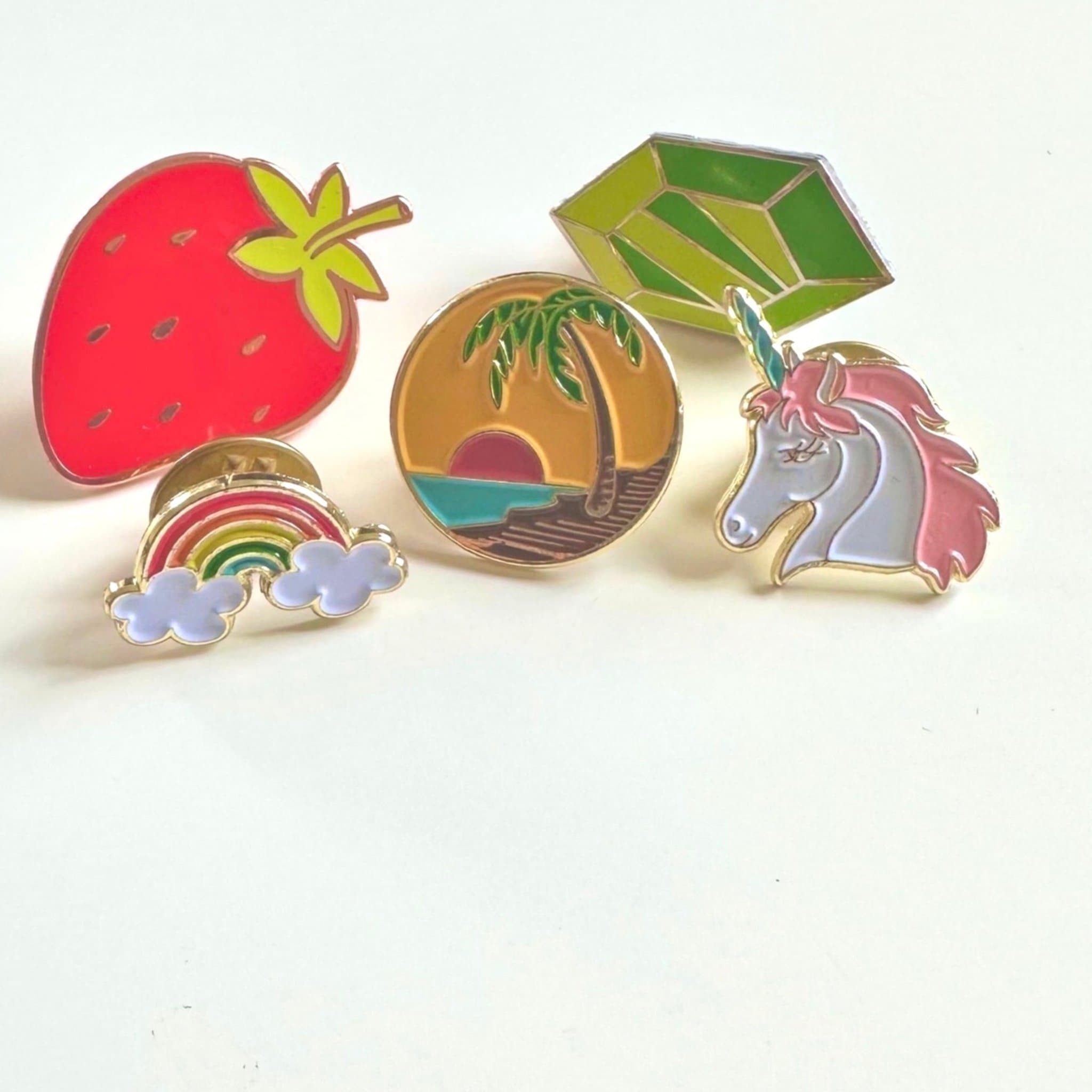 Set of 5 enamel pins, strawberry, crystal, palm tree sunset, unicorn, rainbow