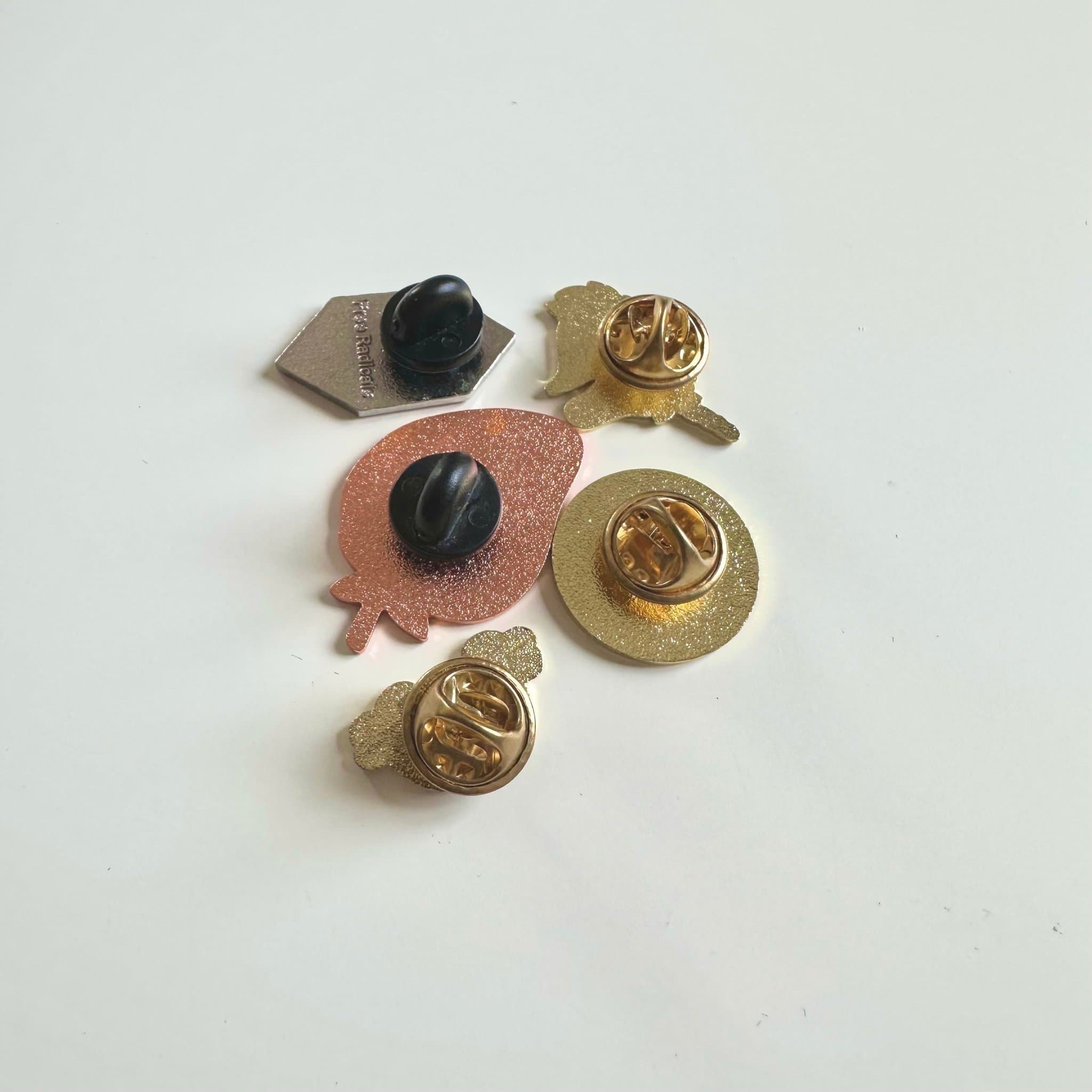 Set of 5 enamel pins, strawberry, crystal, palm tree sunset, unicorn, rainbow