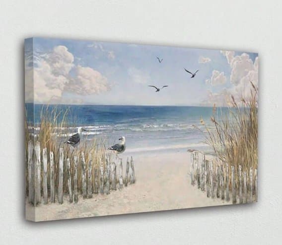 Havstrand med måsar och hav - Tavla