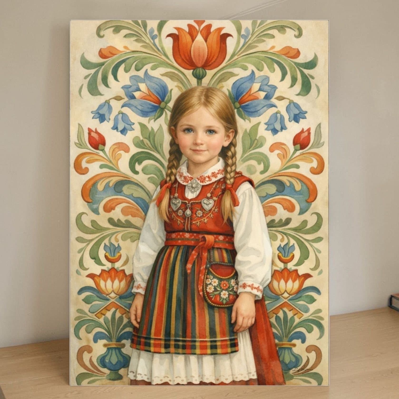 Hård tavla - flicka i folkdräkt, kurbits, Dalarna