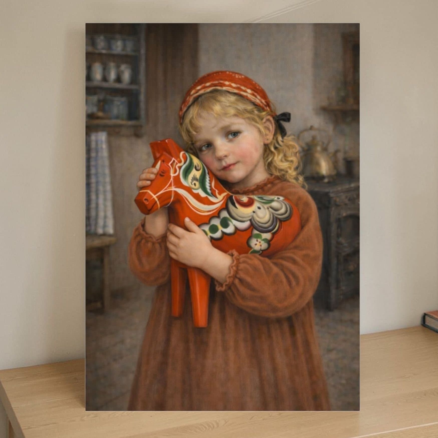 Hård tavla - flicka med dalahäst, Dalarna, allmoge