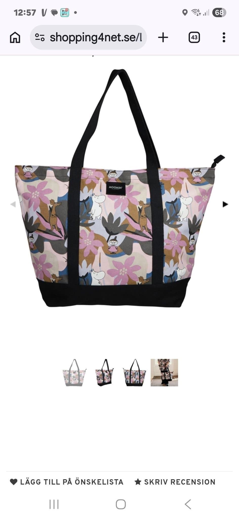 Mumin tygväska i måtten 45 x 60 cm Nypris 599 kr. Den är i Nyskick