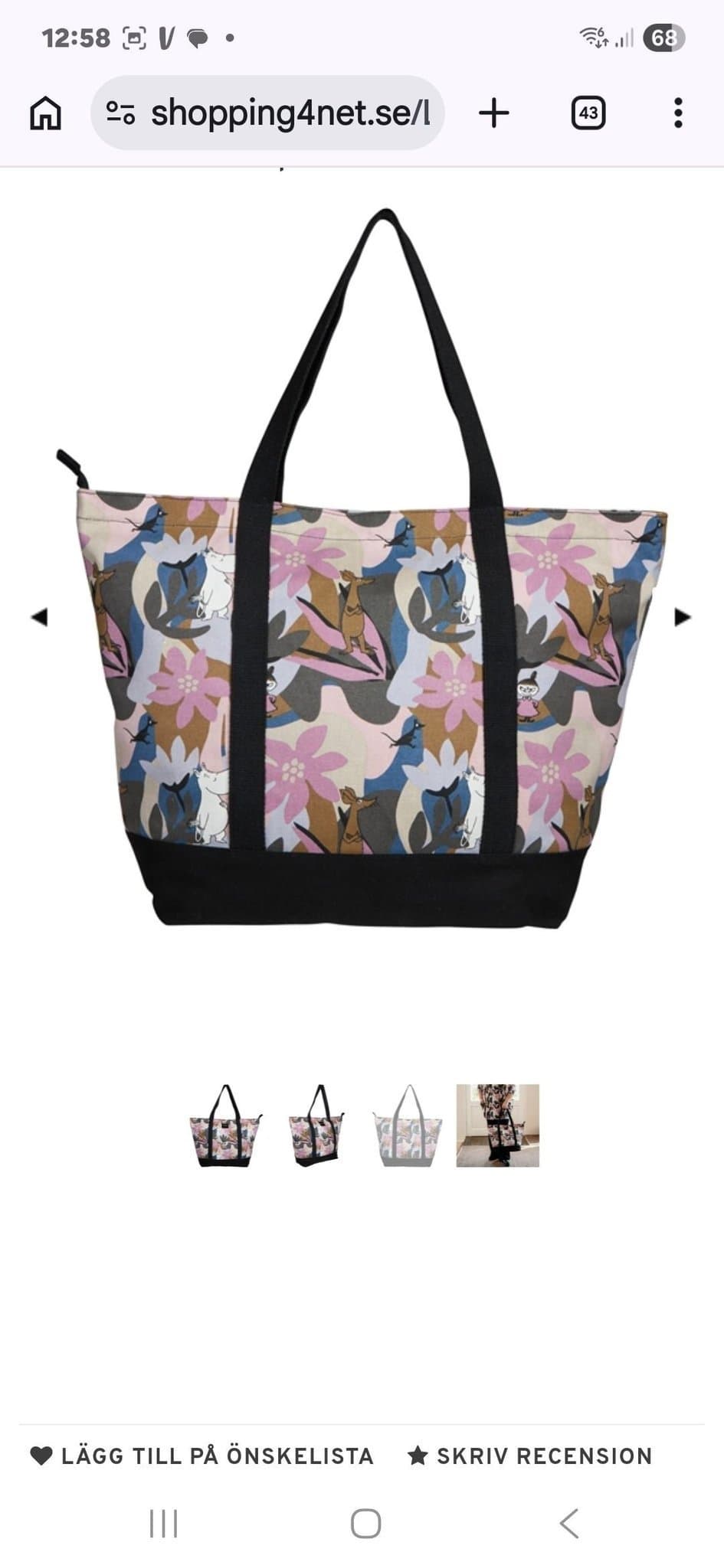 Mumin tygväska i måtten 45 x 60 cm Nypris 599 kr. Den är i Nyskick