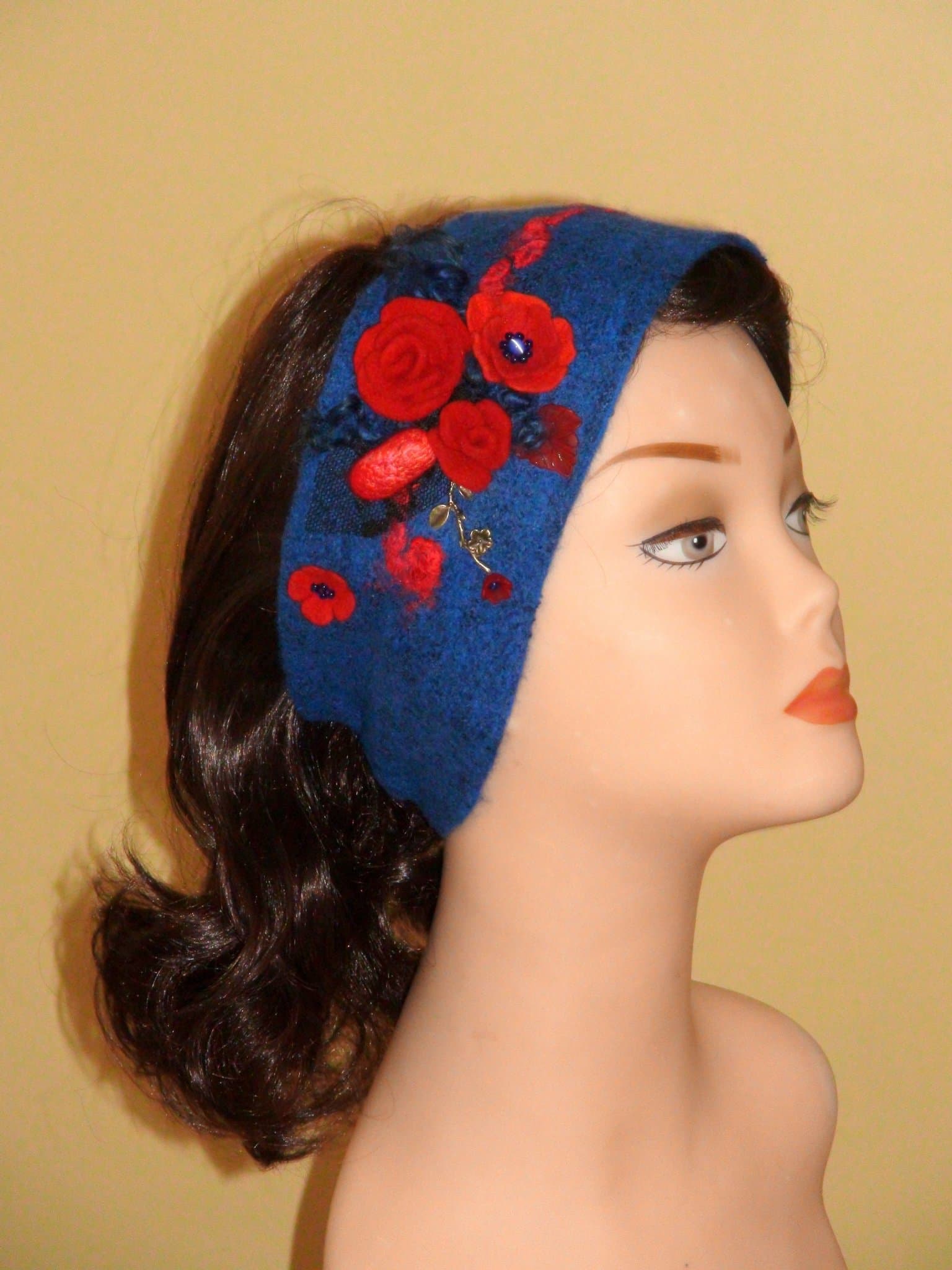 Tovat hårband headband merino ull röd blå pannband ÖRONVÄRMARE