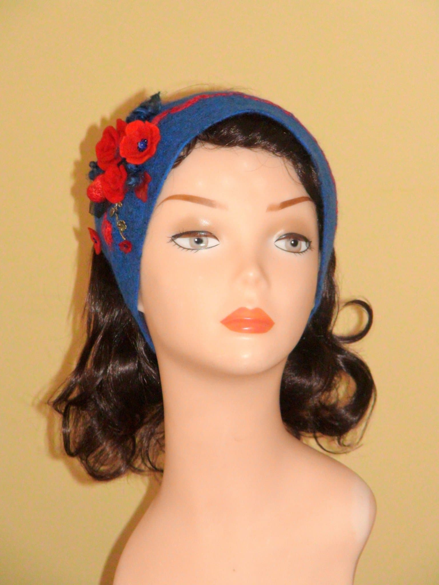 Tovat hårband headband merino ull röd blå pannband ÖRONVÄRMARE