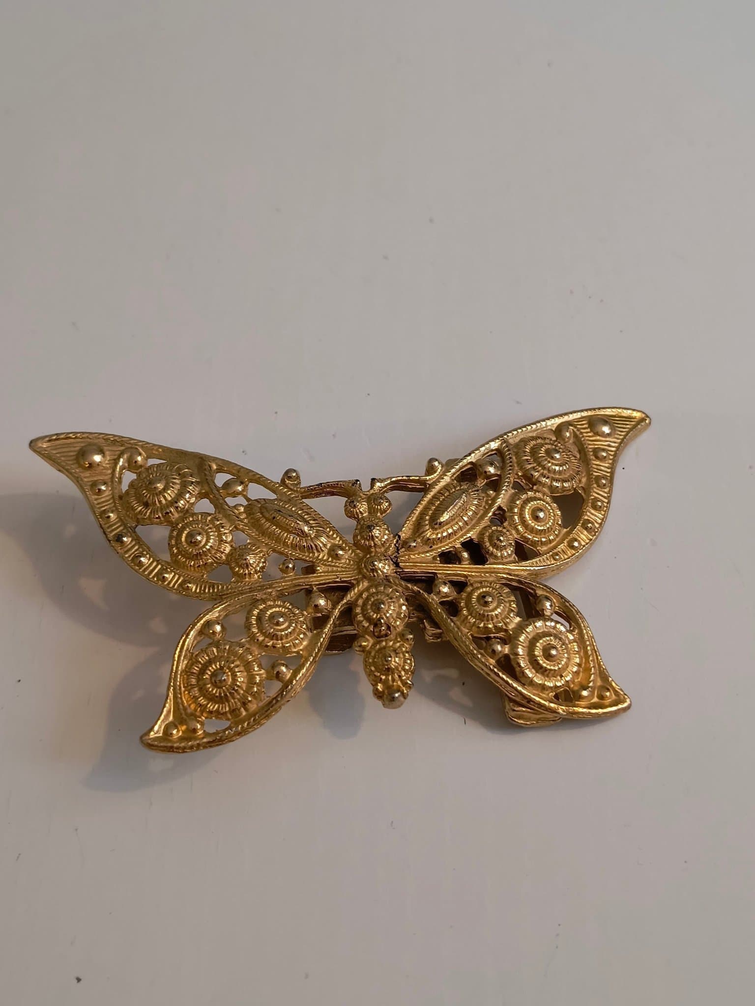 Retro bältesspänne, fjäril, förgyllt tenn, signerad och märkt.