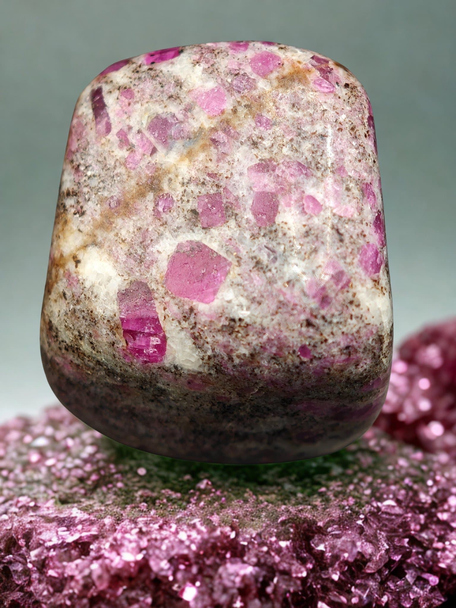 'Rubindrottningen' – Rubin i Fuchsit Trumlad sten • ca 30×20×12 mm