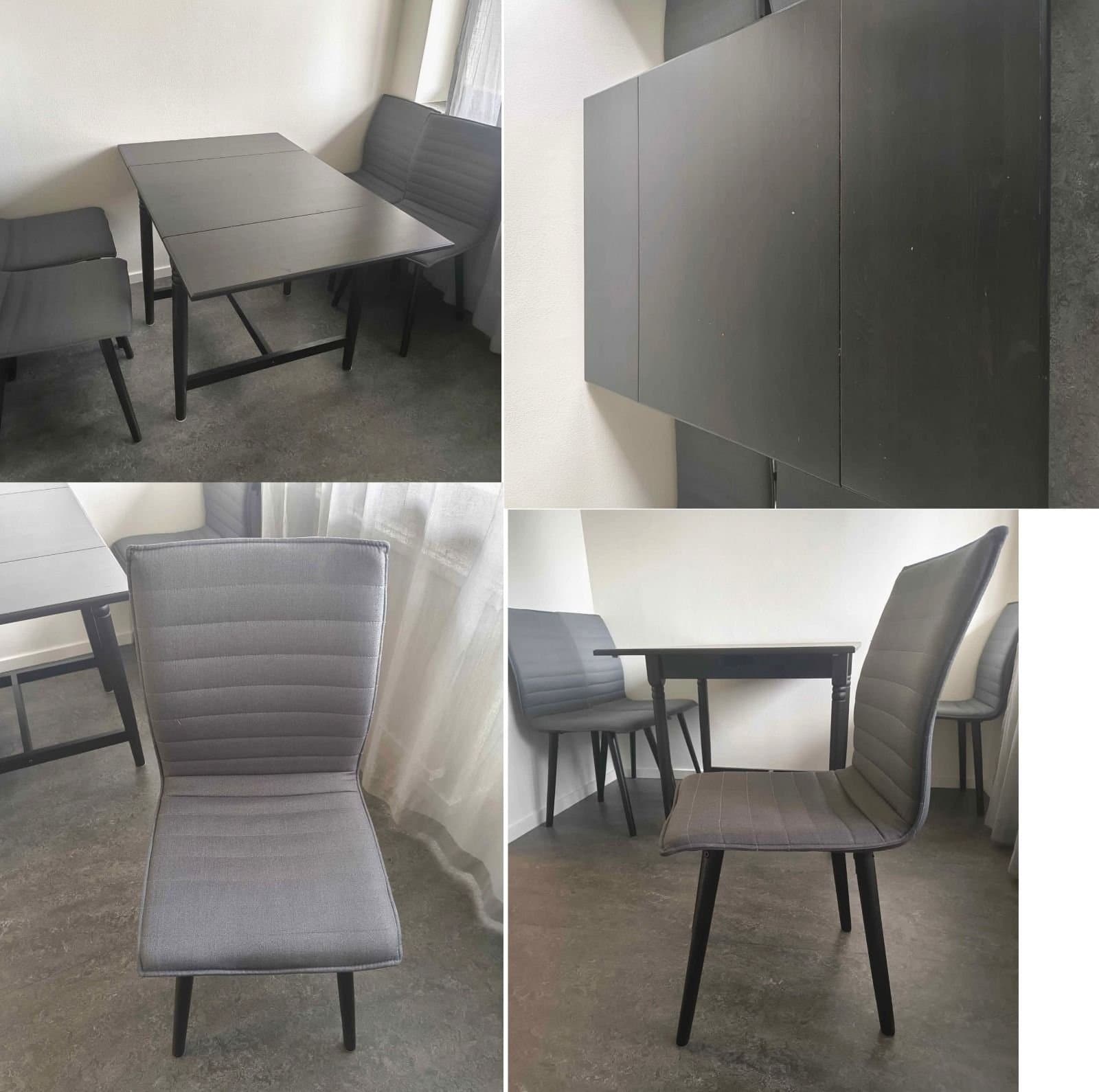 Matgrupp med bord, bänk och stolar