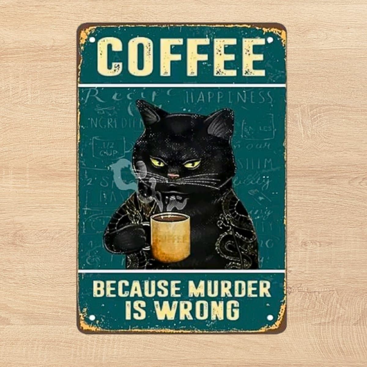 Plåttavla katt och kaffe