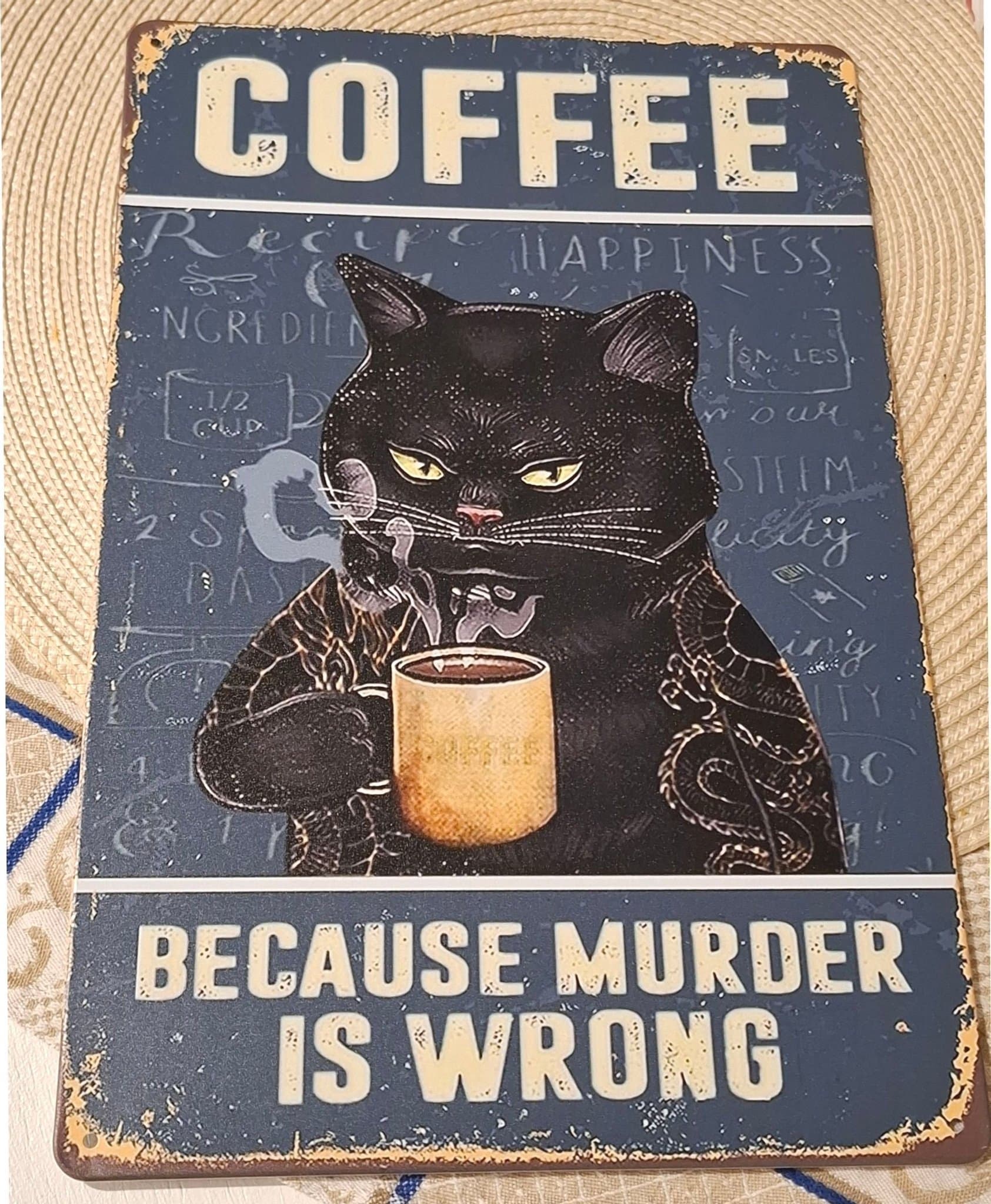 Plåttavla katt och kaffe