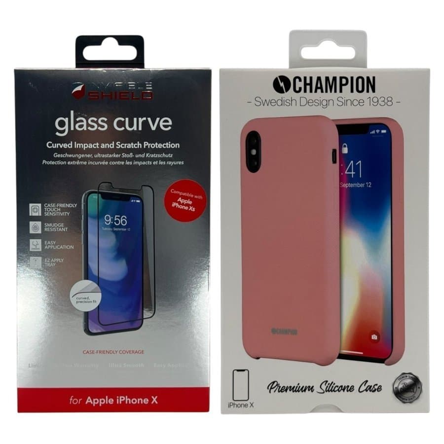 [Paket] iPhone X/XS - Rosa Silikon Skal + Zagg 9H Härdat Glas Skärmskydd + Ram