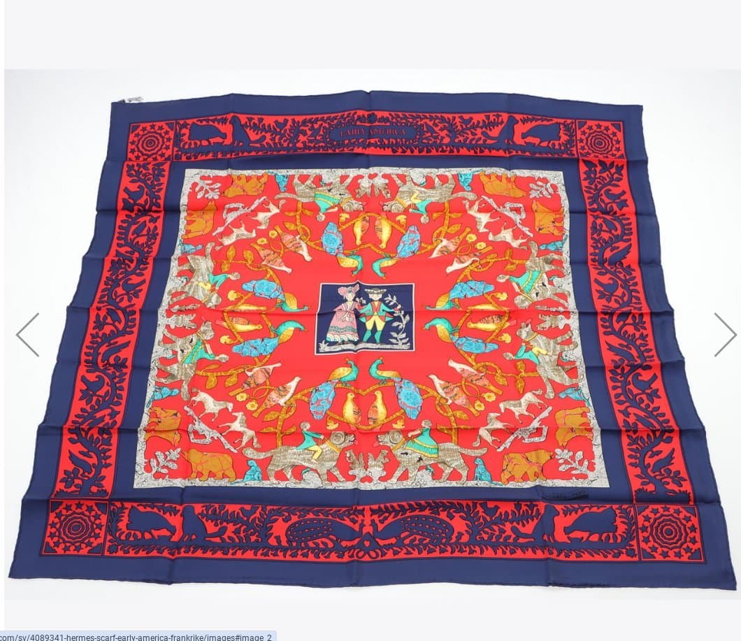 Hermes Silk Scarf EARLY AMERICA av Francoise de la Perriere Original Box Nyskick