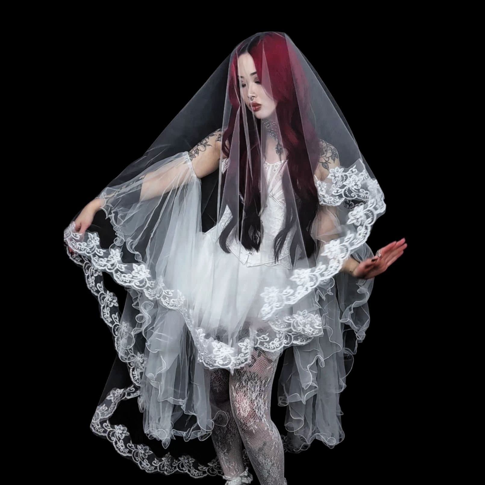 Vit slöja spets vintage bröllop cosplay alternative