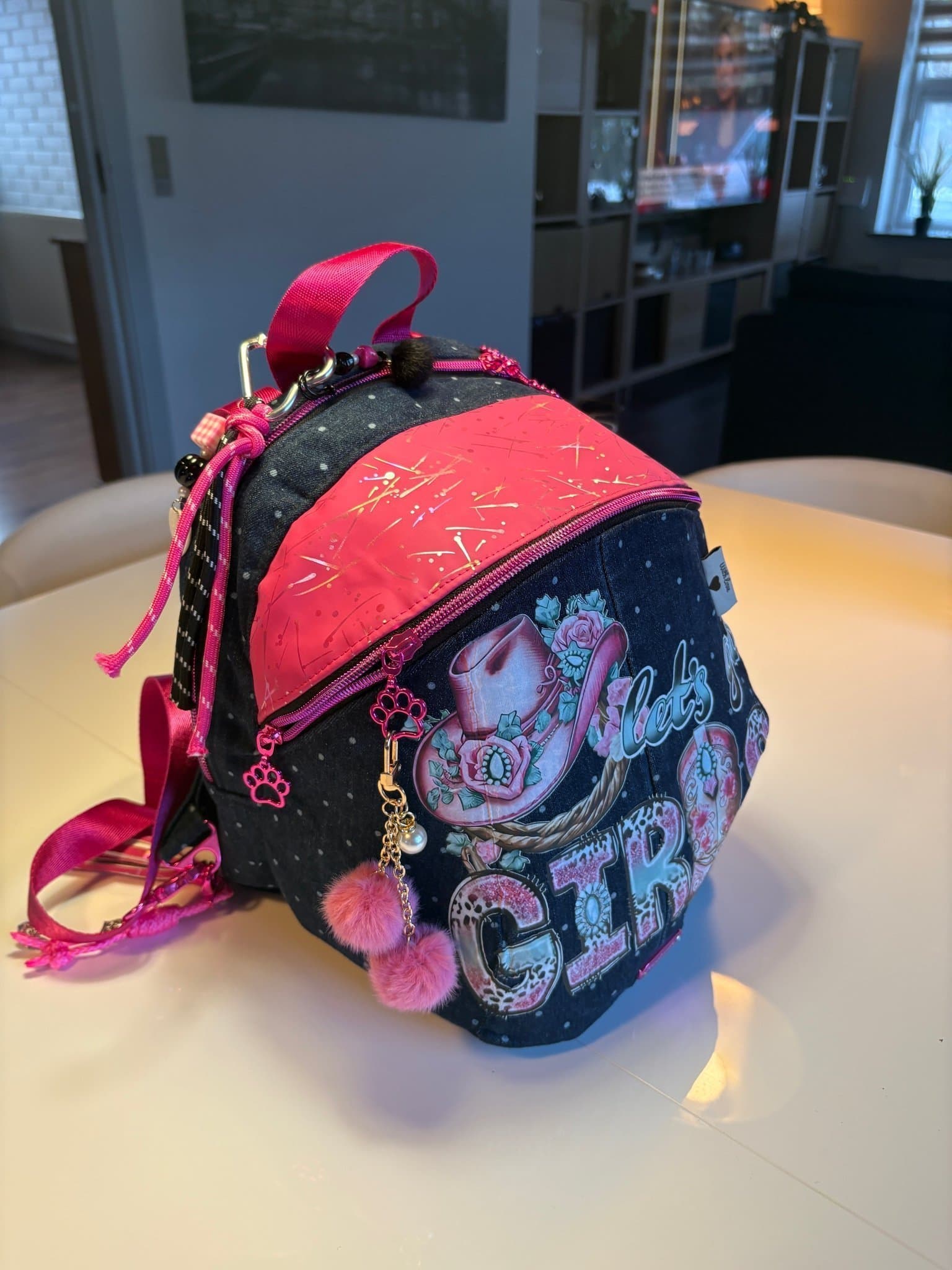 Unik handgjord väska/ryggsäck i rosa och denimblått