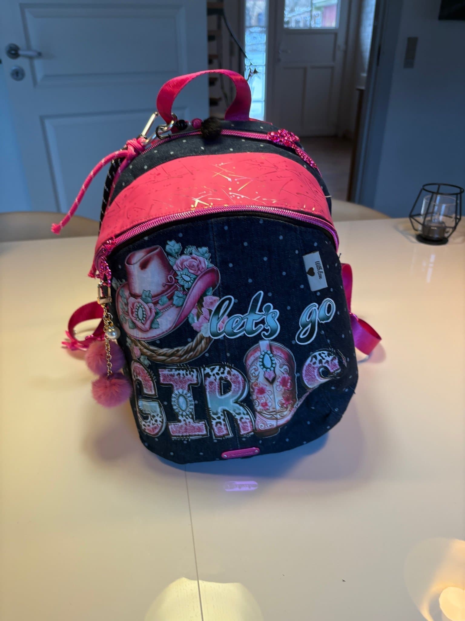 Unik handgjord väska/ryggsäck i rosa och denimblått